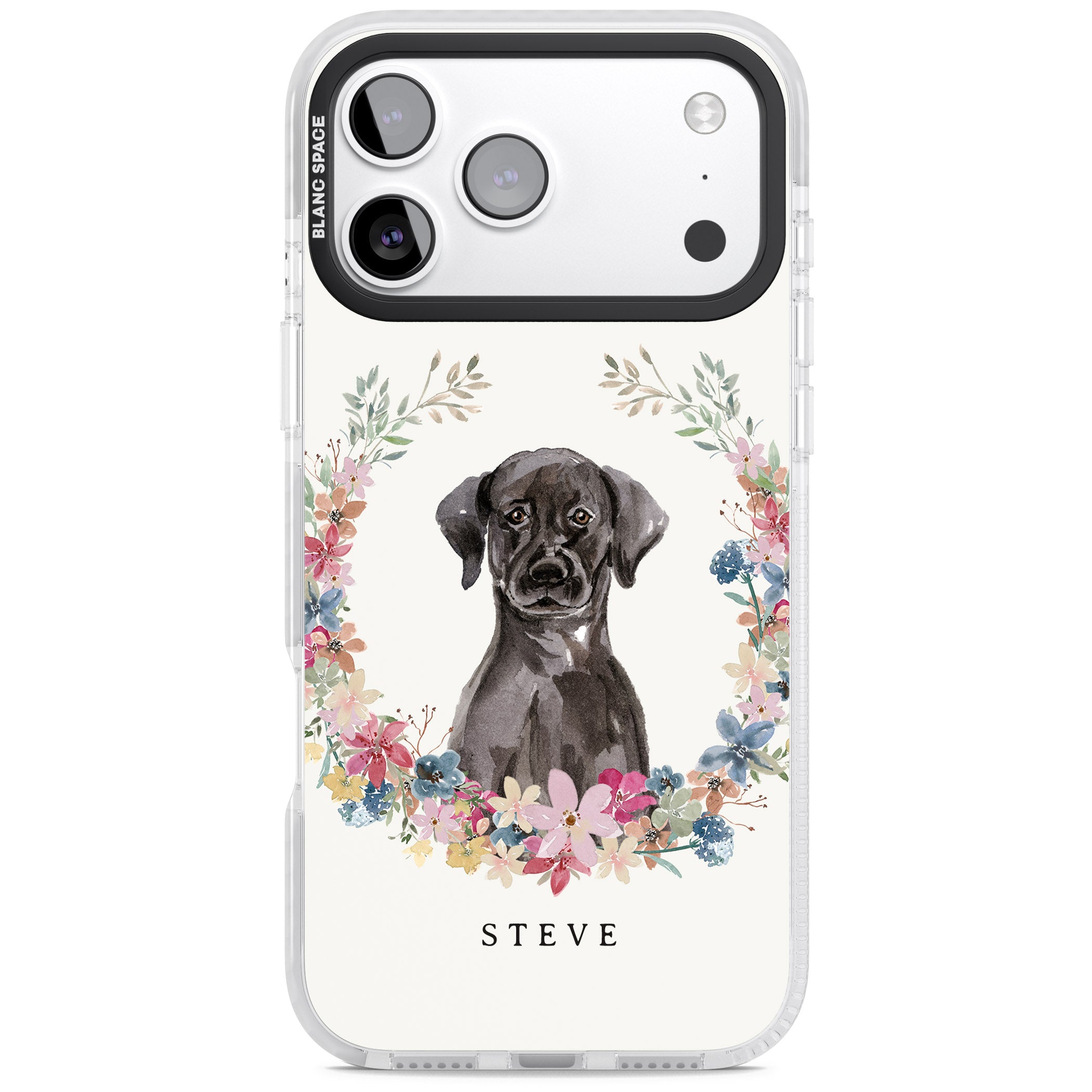 Personalised Black Labrador Floral Portrait iPhone 17 Pro Impact Pro Clear Phone Case