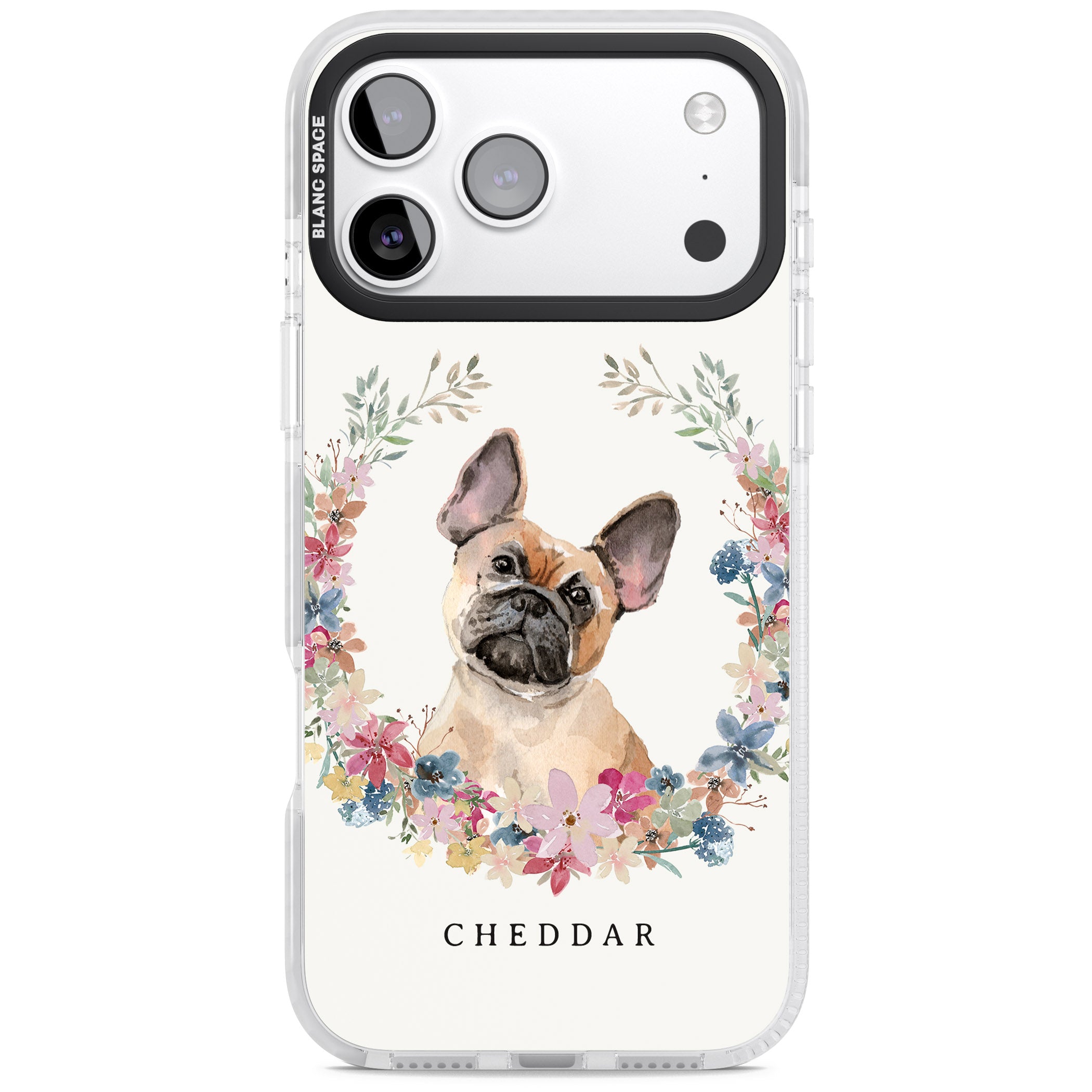 Personalised Tan French Bulldog Floral Portrait iPhone 17 Pro Impact Pro Clear Phone Case