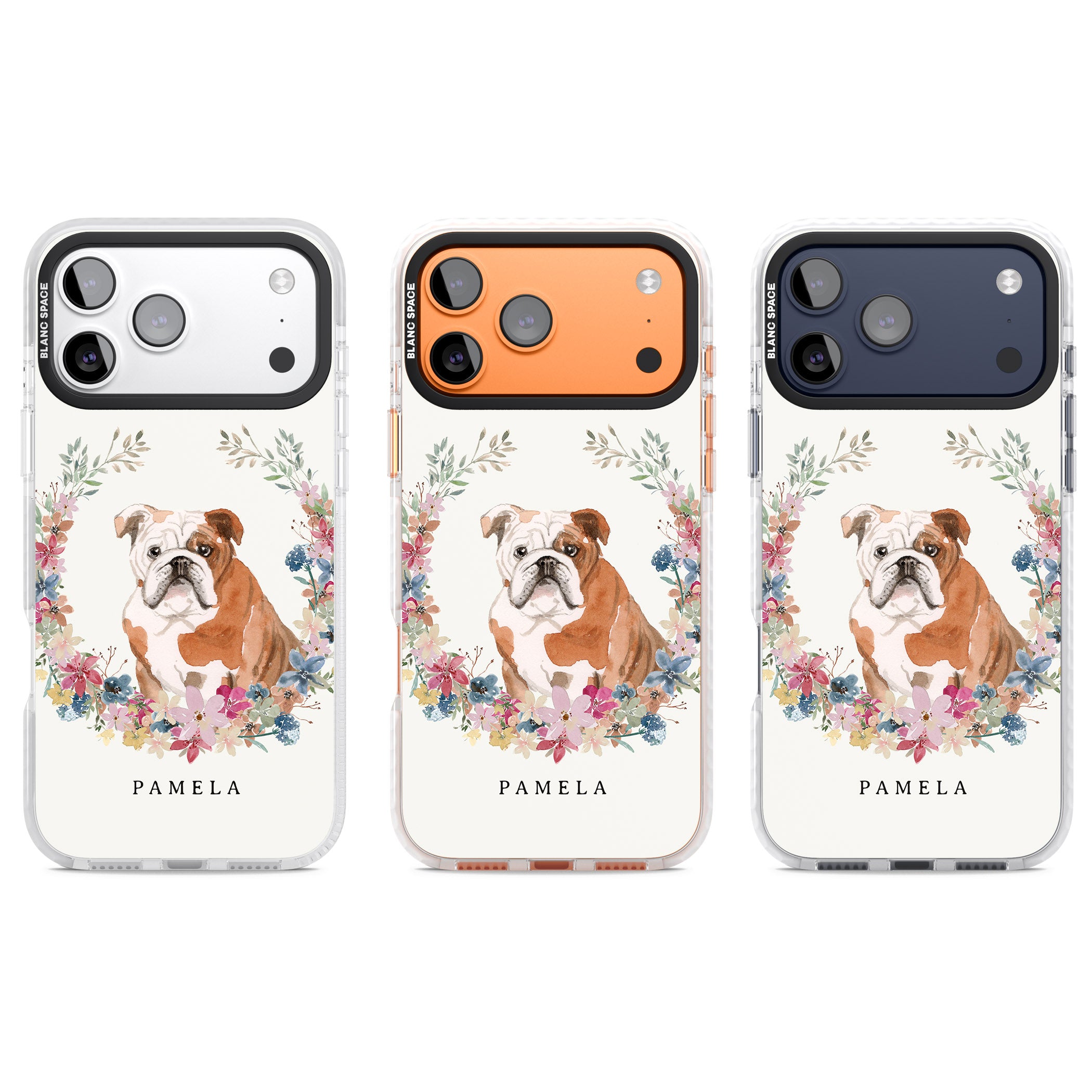 Personalised English Bulldog Floral Portrait iPhone 17 Pro Impact Pro Clear Phone Case APT Impact Protection
