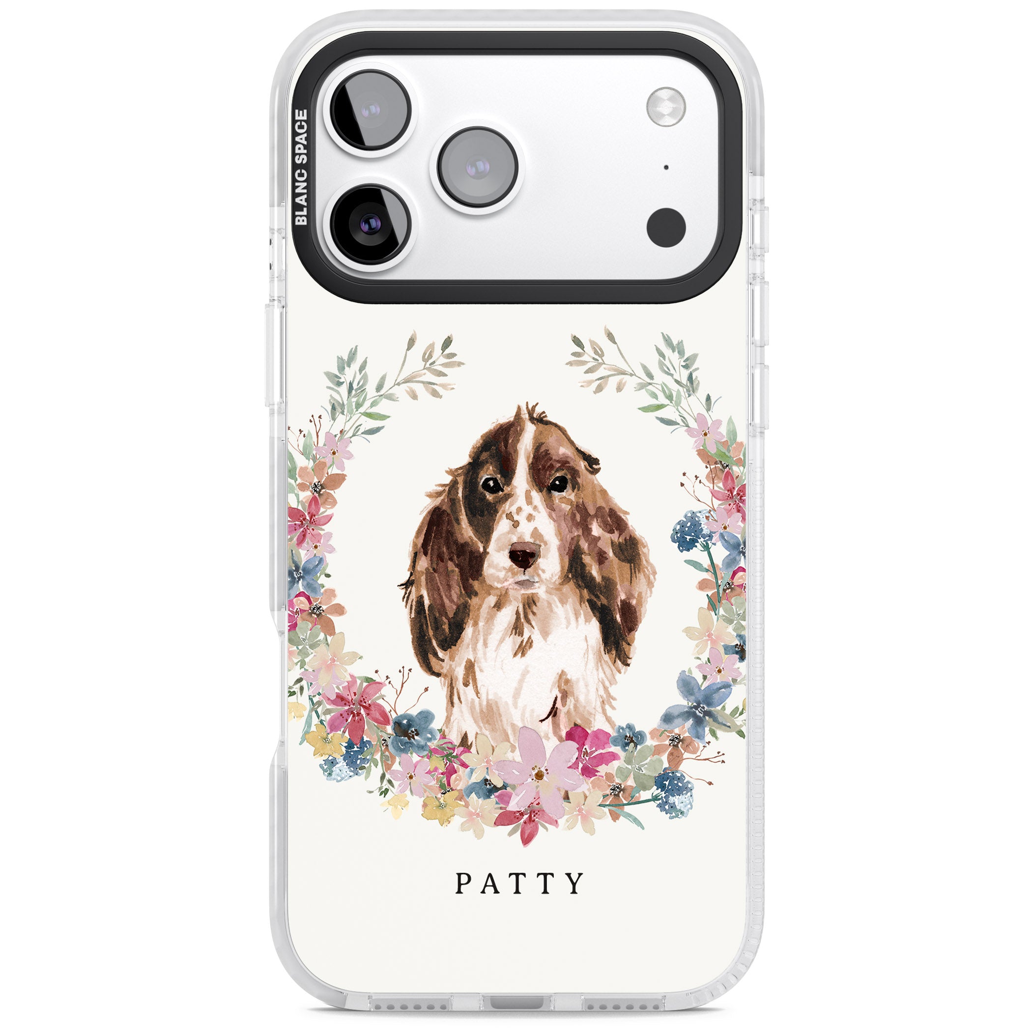 Personalised Cocker Spaniel Floral Portrait iPhone 17 Pro Impact Pro Clear Phone Case
