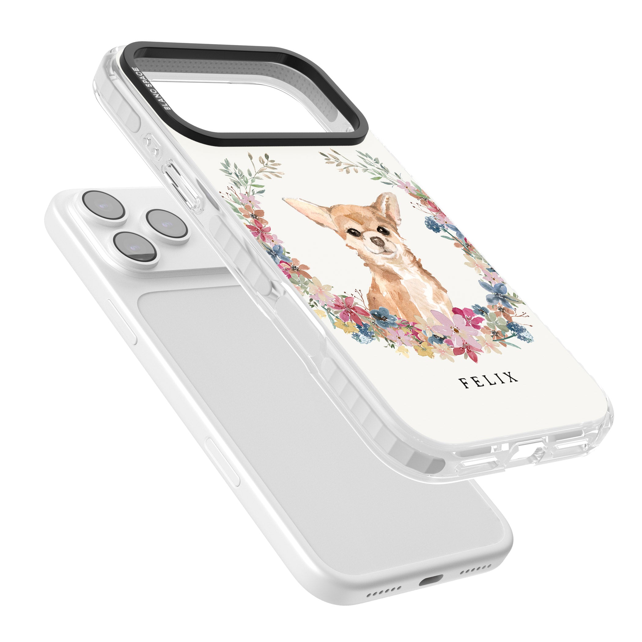 Personalised Chihuahua Floral Portrait iPhone 17 Pro Impact Pro Clear Phone Case Colours