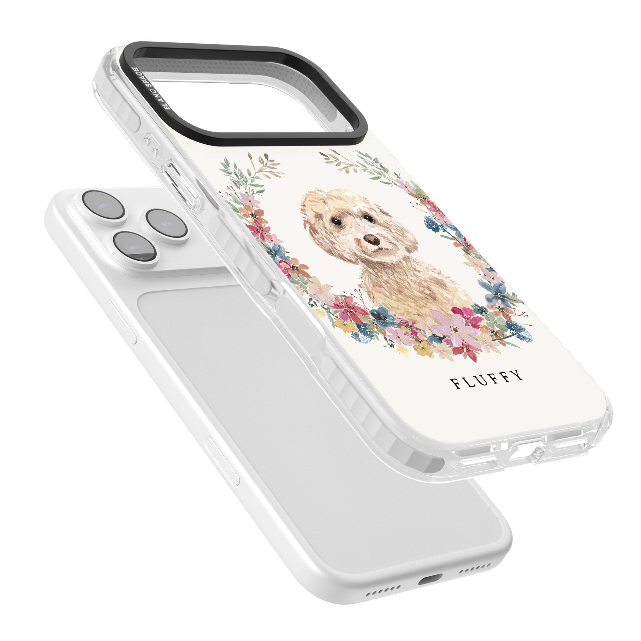 Personalised Champagne Cockapoo Floral Portrait iPhone 17 Pro Impact Pro Clear Phone Case Colours