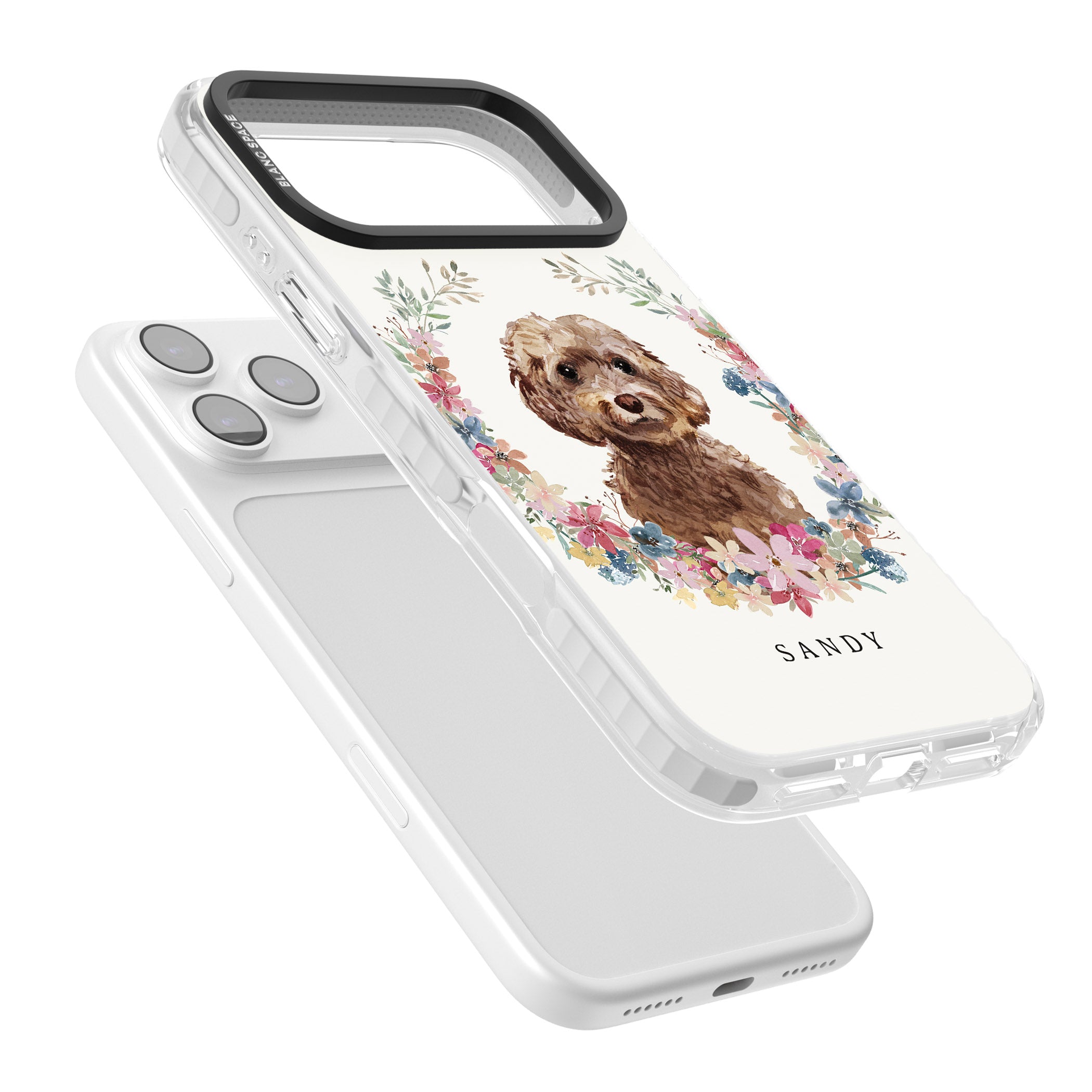 Personalised Brown Cockapoo Floral Portrait iPhone 17 Pro Impact Pro Clear Phone Case Colours