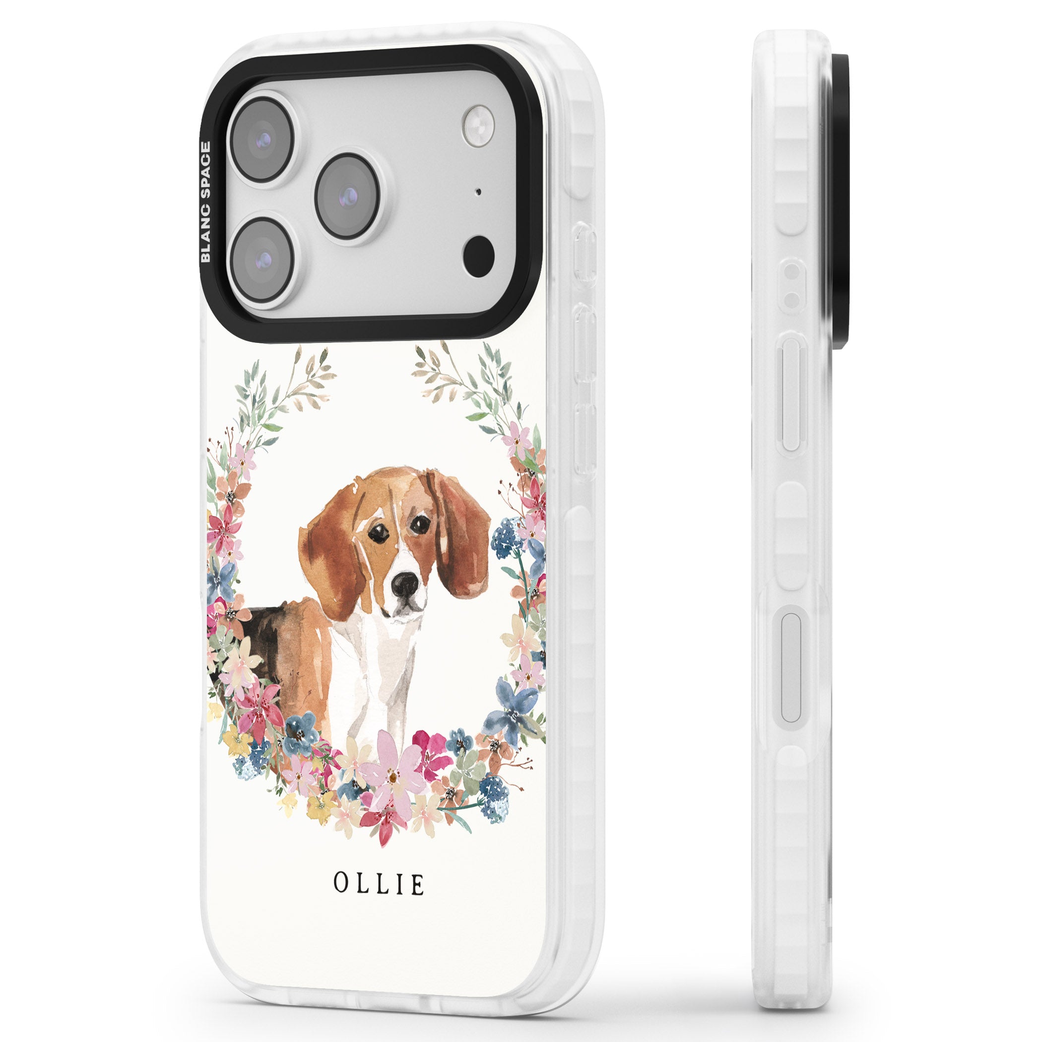 Personalised Beagle Floral Portrait iPhone 17 Pro Impact Pro Clear Phone Case Side Profile