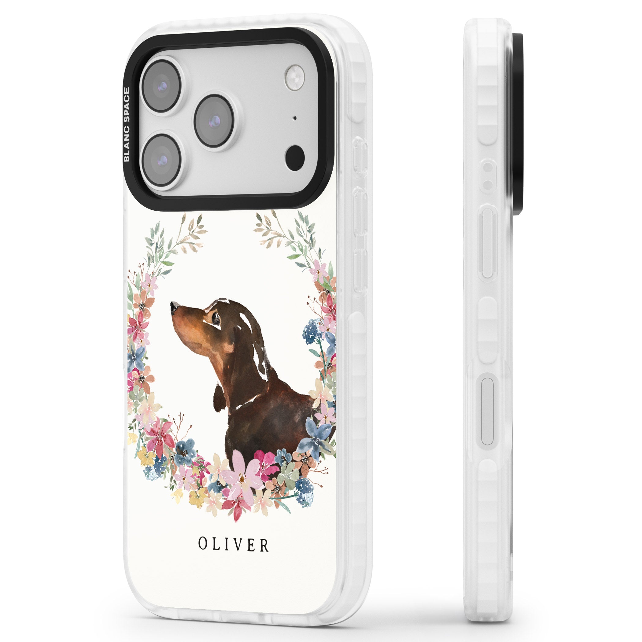 Personalised Black & Tan Dachshund Floral Portrait iPhone 17 Pro Impact Pro Clear Phone Case Side Profile