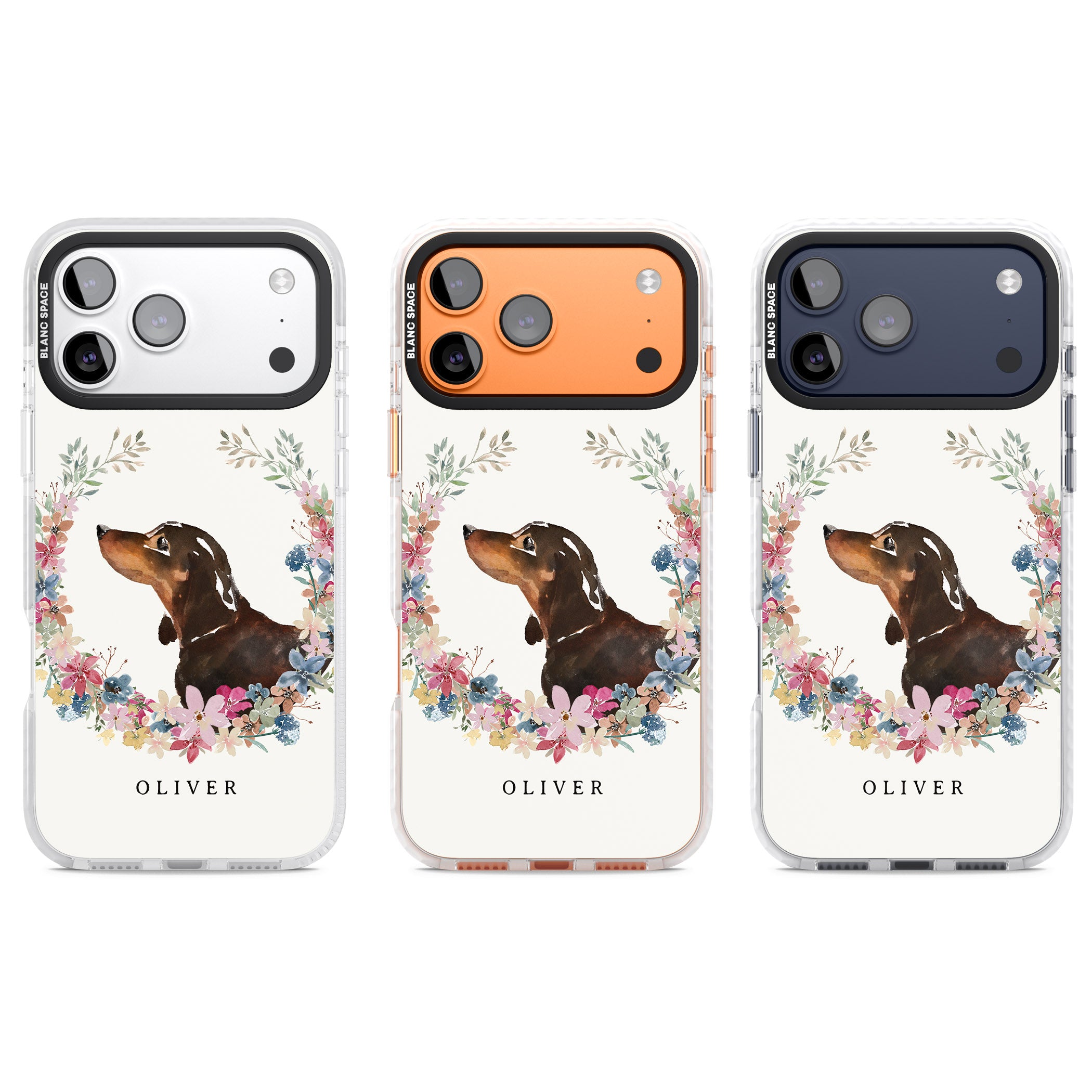 Personalised Black & Tan Dachshund Floral Portrait iPhone 17 Pro Impact Pro Clear Phone Case APT Impact Protection