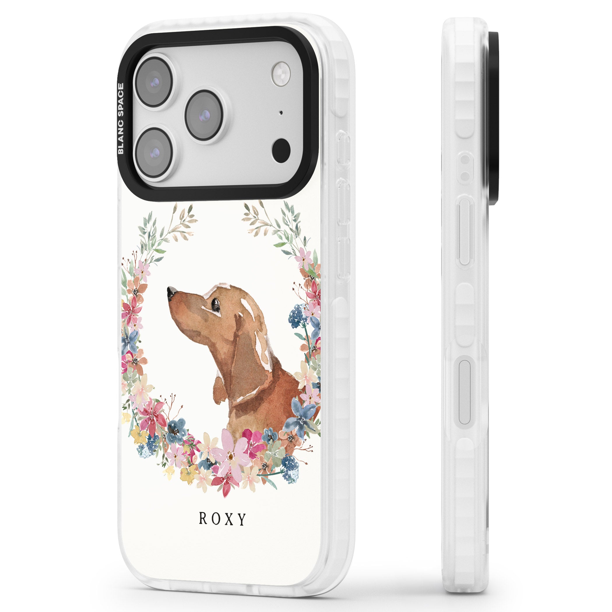 Personalised Tan Dachshund Floral Portrait iPhone 17 Pro Impact Pro Clear Phone Case Side Profile