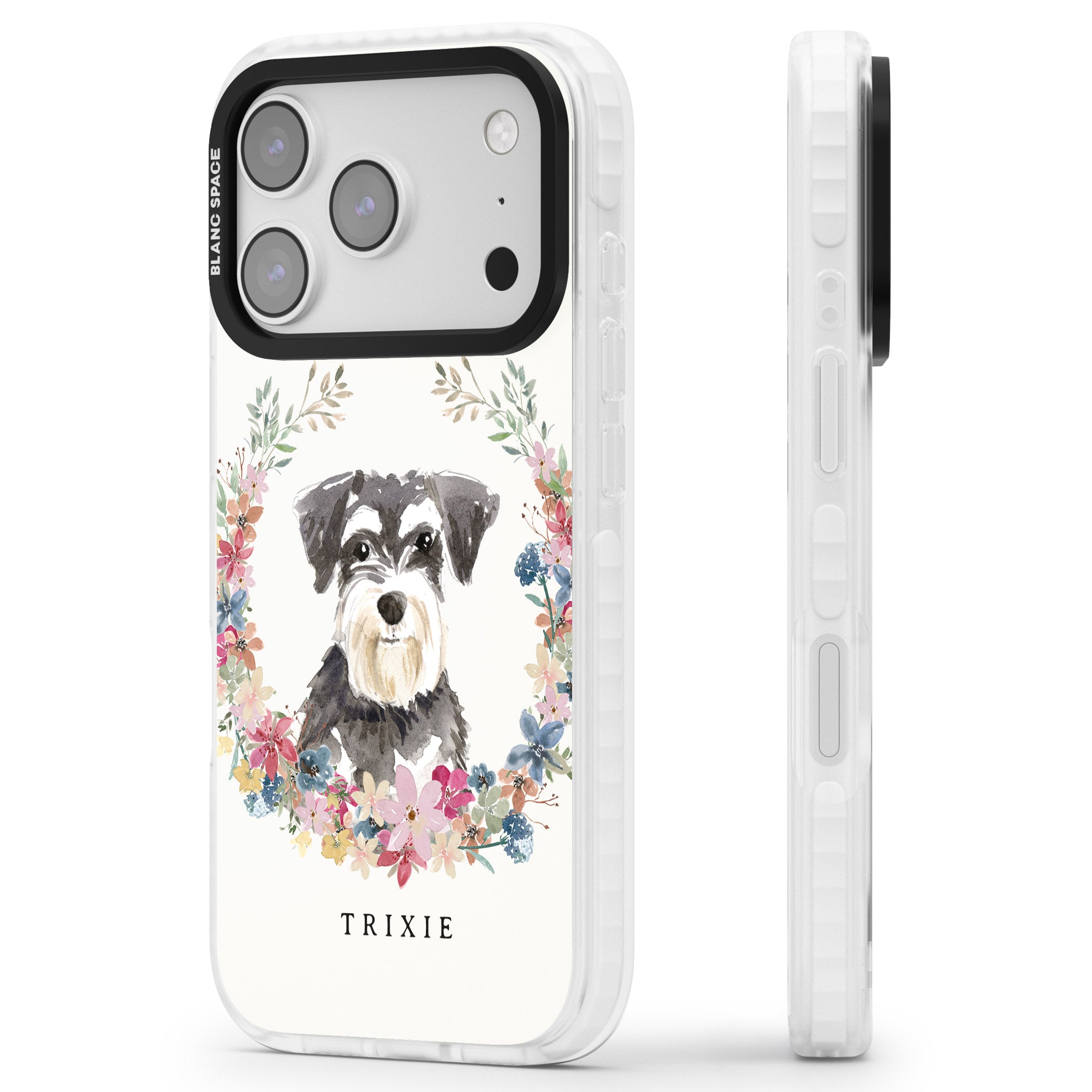 Personalised Watercolor Schnauzer Floral Portrait iPhone 17 Pro Impact Pro Clear Phone Case Side Profile