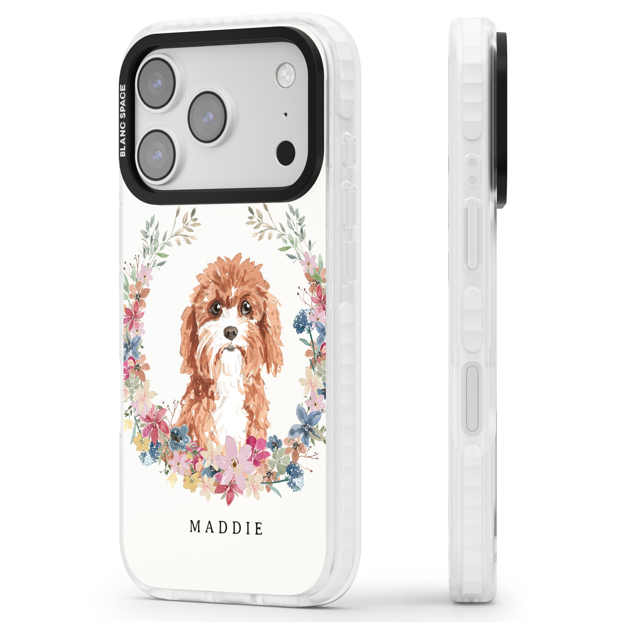 Personalised Cavapoo Floral Portrait iPhone 17 Pro Impact Pro Clear Phone Case Side Profile