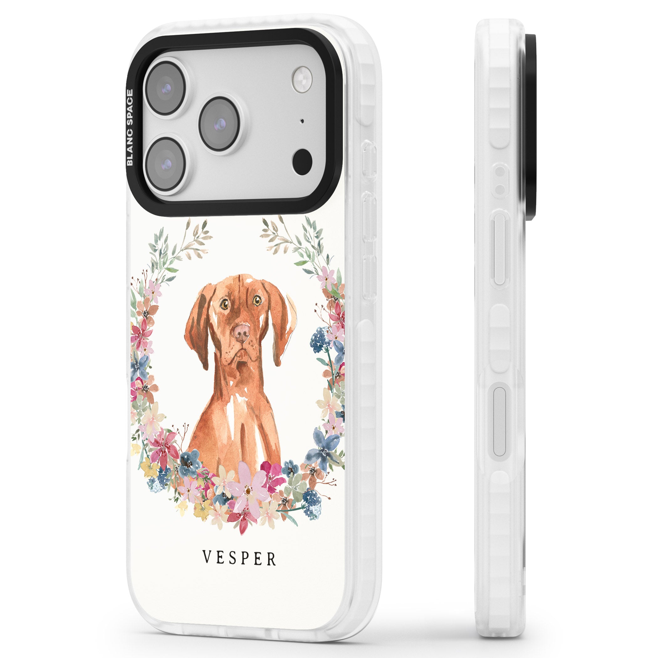 Personalised Hungarian Vizsla Floral Portrait iPhone 17 Pro Impact Pro Clear Phone Case Side Profile