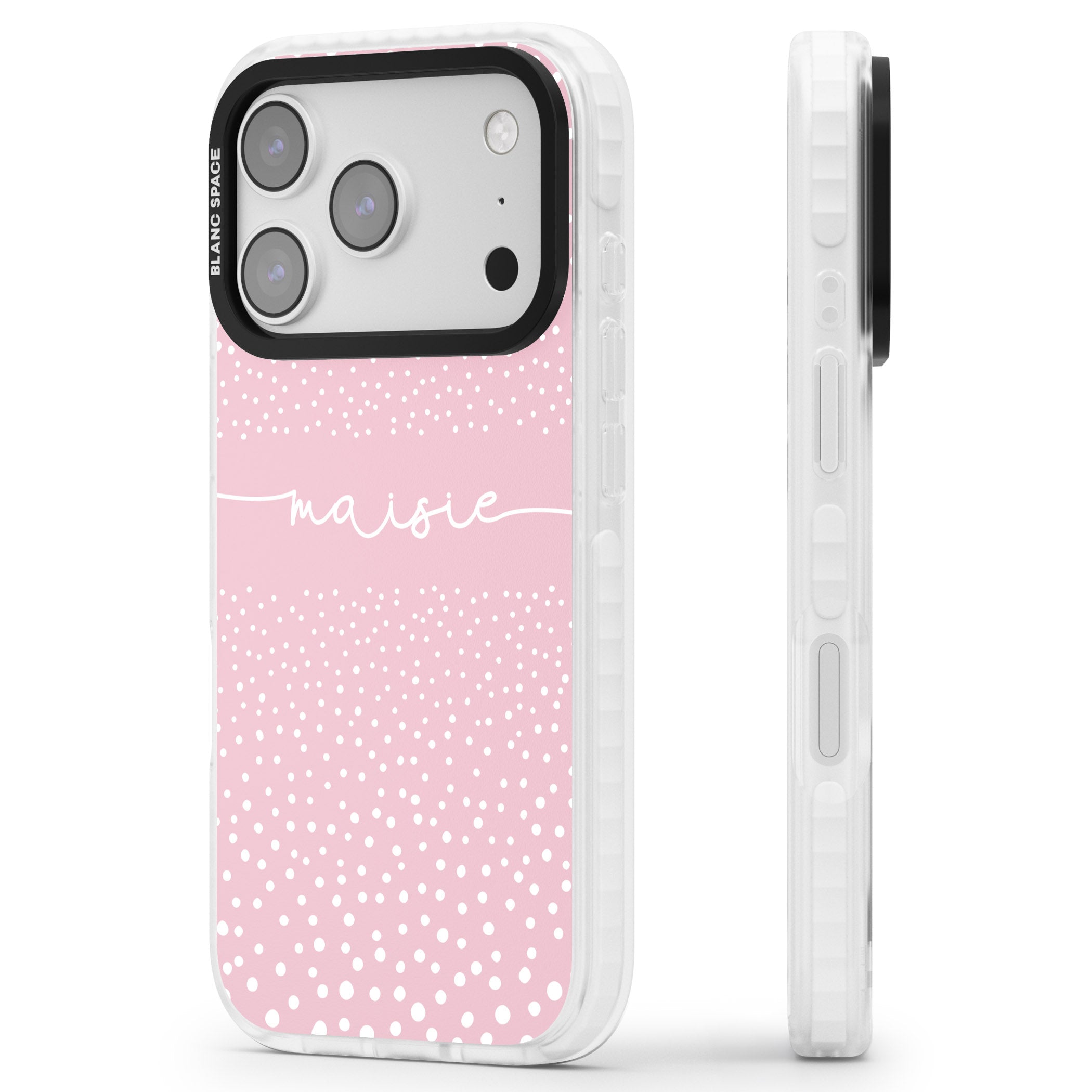 Personalised Pink Dots iPhone 17 Pro Impact Pro Clear Phone Case Side Profile