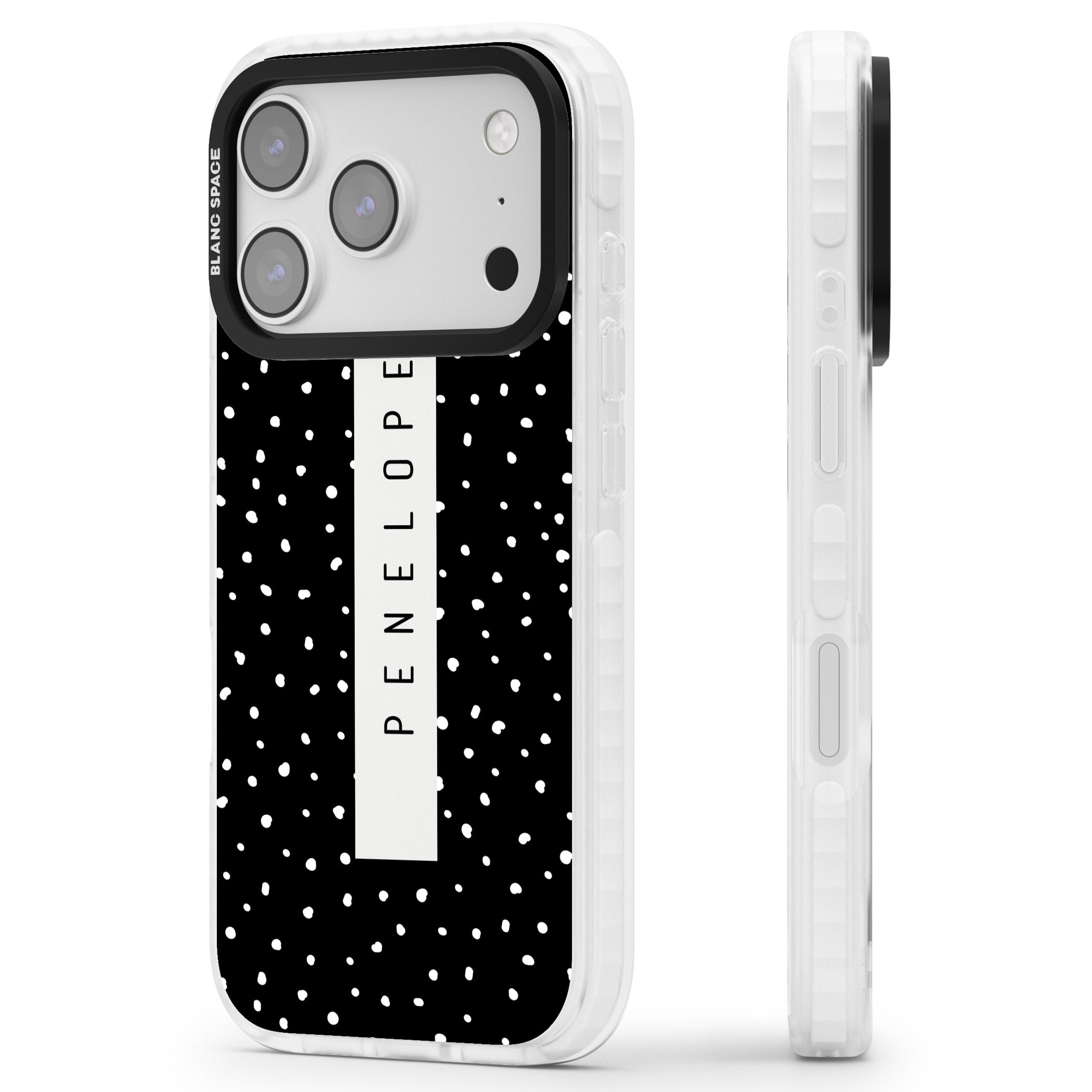 Personalised Black Dots iPhone 17 Pro Impact Pro Clear Phone Case Side Profile