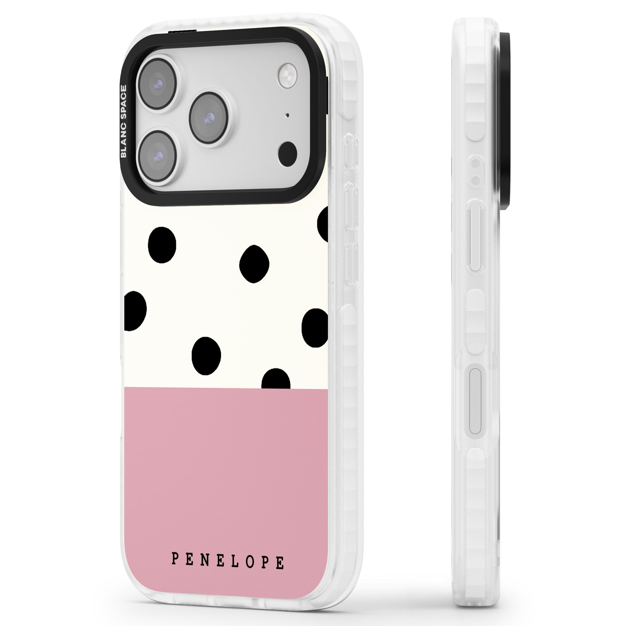 Personalised Pink Border Polka Dot iPhone 17 Pro Impact Pro Clear Phone Case Side Profile