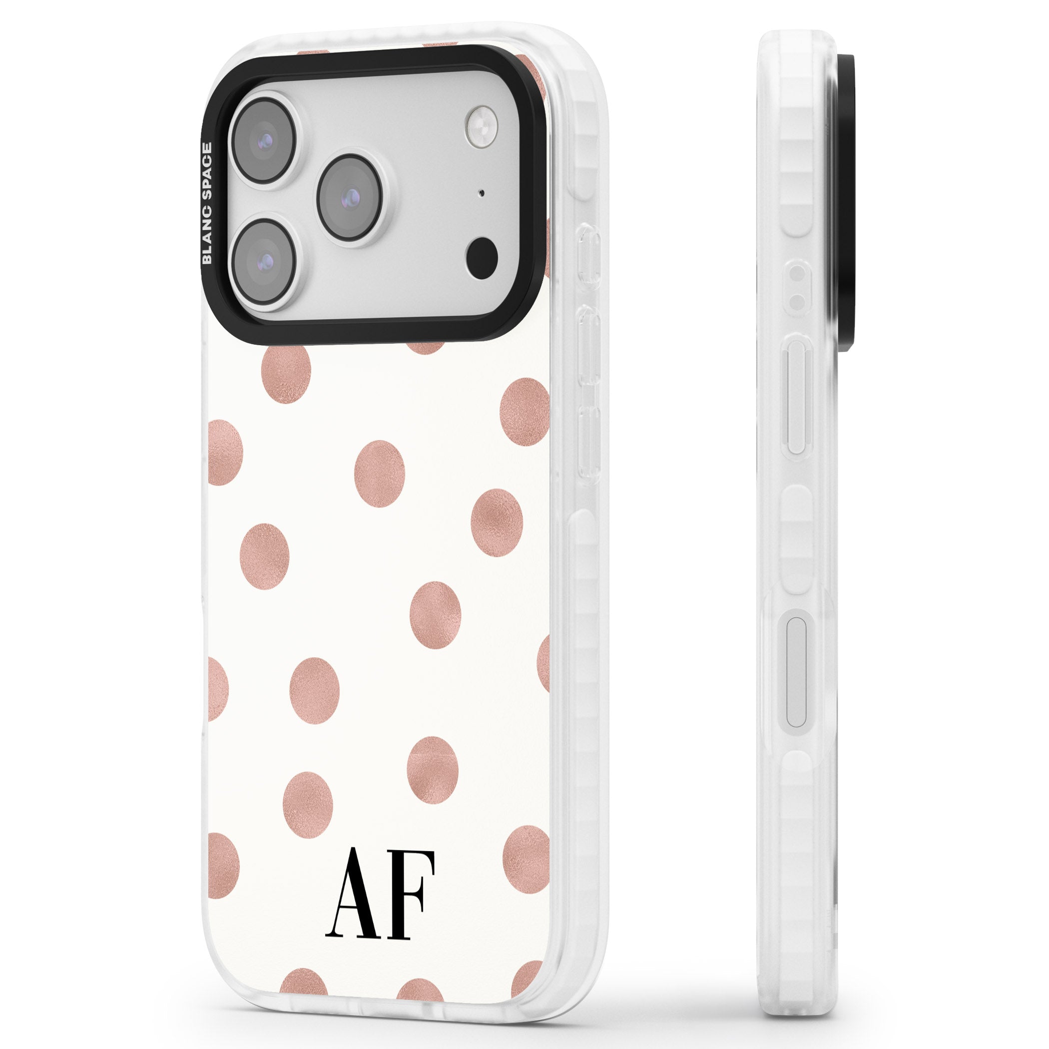 Personalised Rose Gold Dots & Initials iPhone 17 Pro Impact Pro Clear Phone Case Side Profile