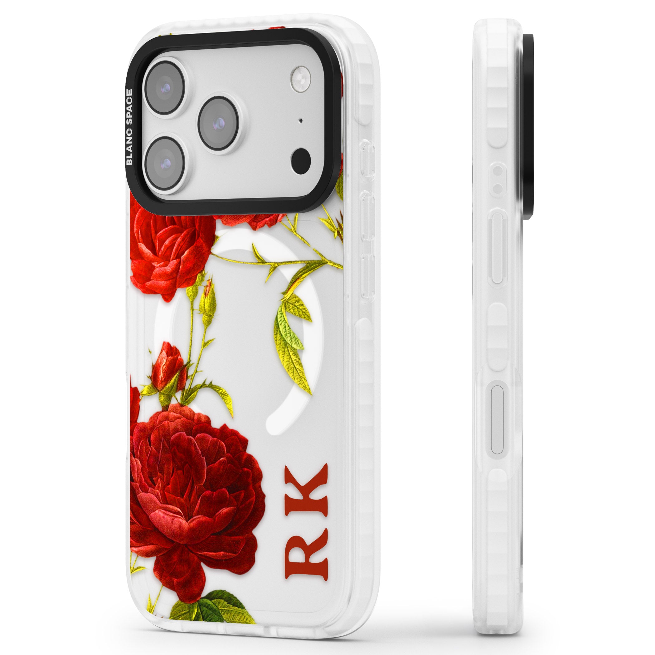 Personalised Vintage Floral Red Roses iPhone 17 Pro Impact Pro Clear Phone Case Side Profile
