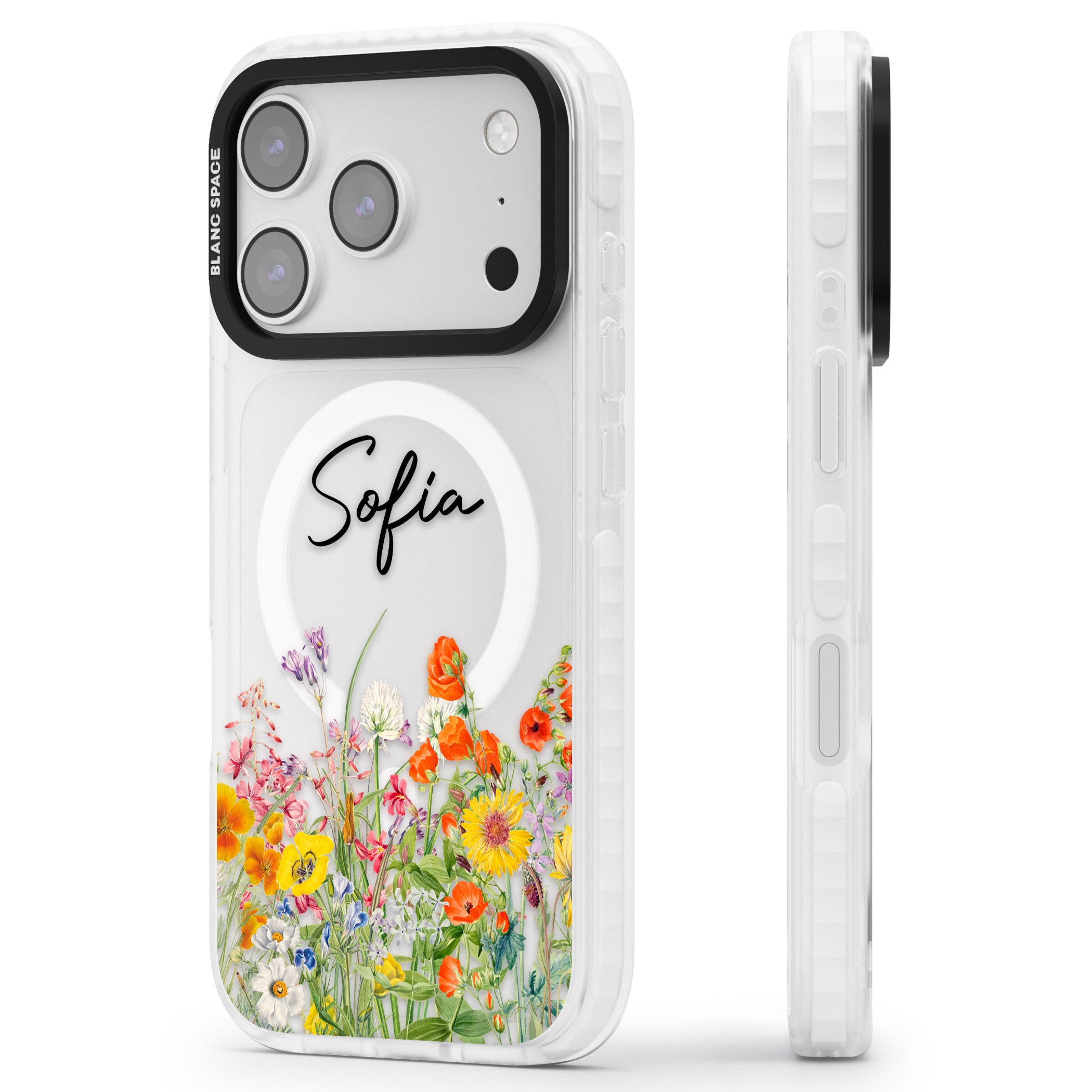 Personalised Summer Wildflowers iPhone 17 Pro Impact Pro Clear Phone Case Side Profile