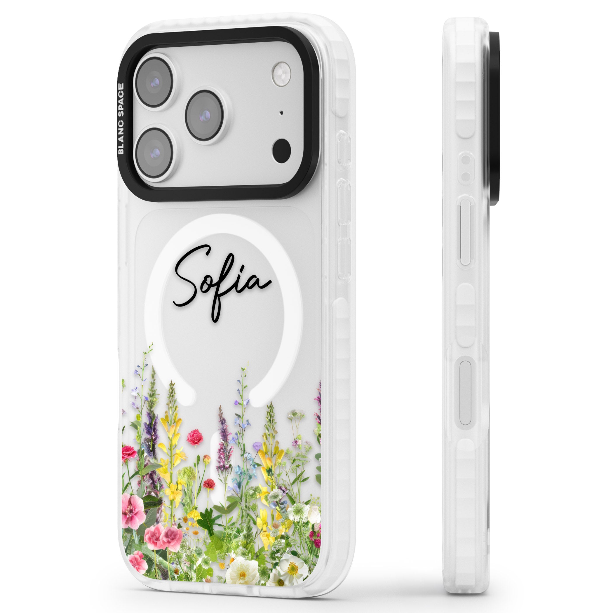 Personalised Garden Wildfowers iPhone 17 Pro Impact Pro Clear Phone Case Side Profile