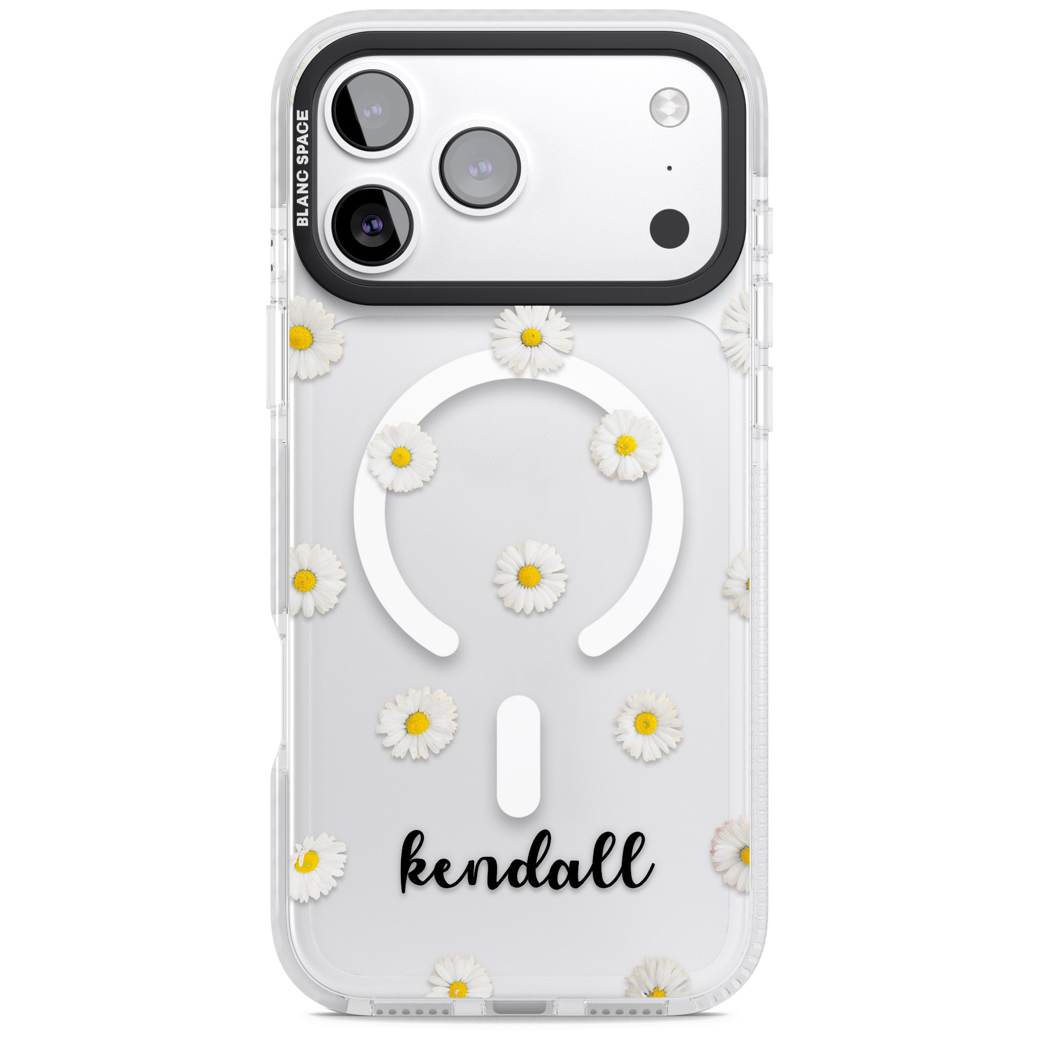 Personalised White Daisies & Cursive iPhone 17 Pro Impact Pro Clear Phone Case