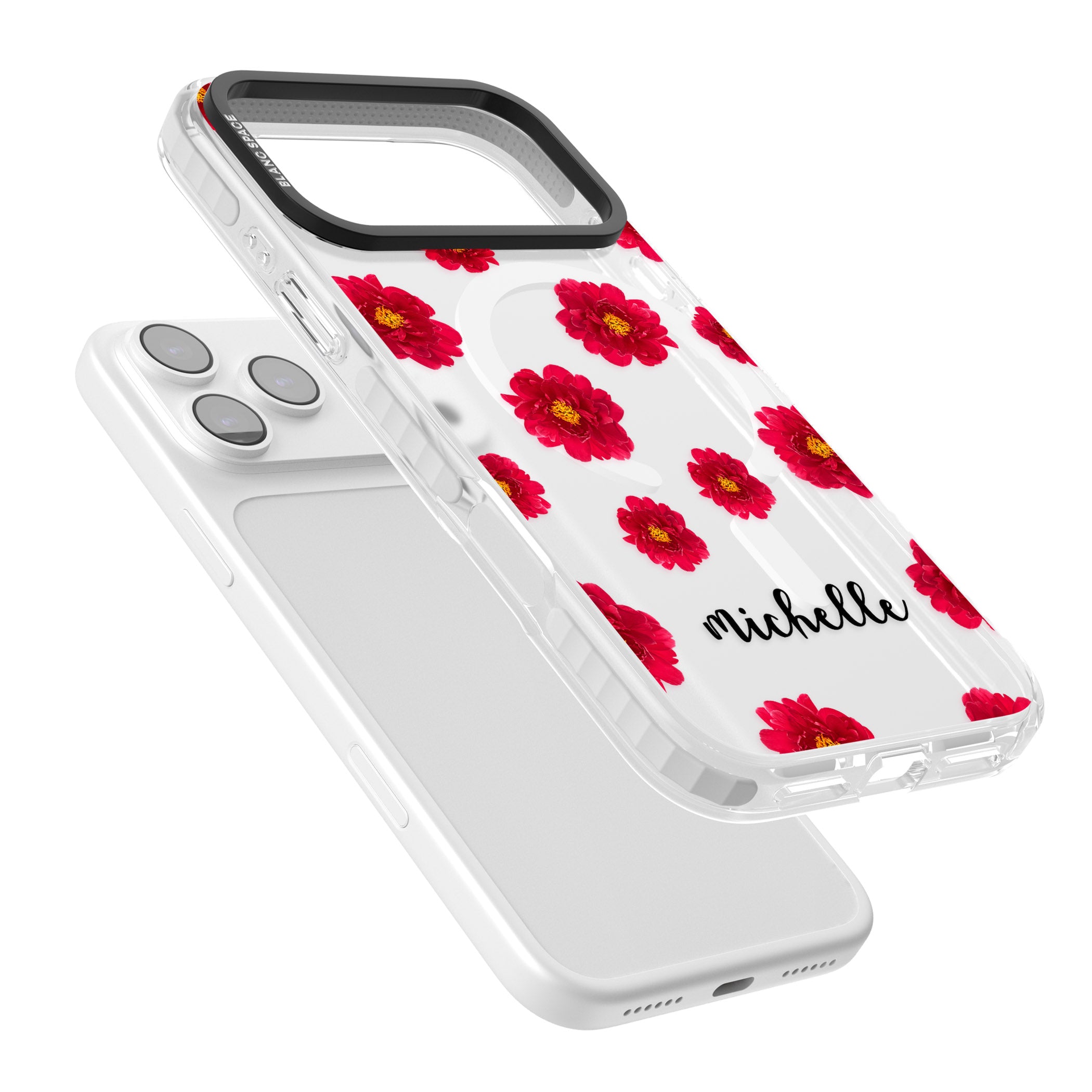 Personalised Red Peonies & Cursive iPhone 17 Pro Impact Pro Clear Phone Case Colours