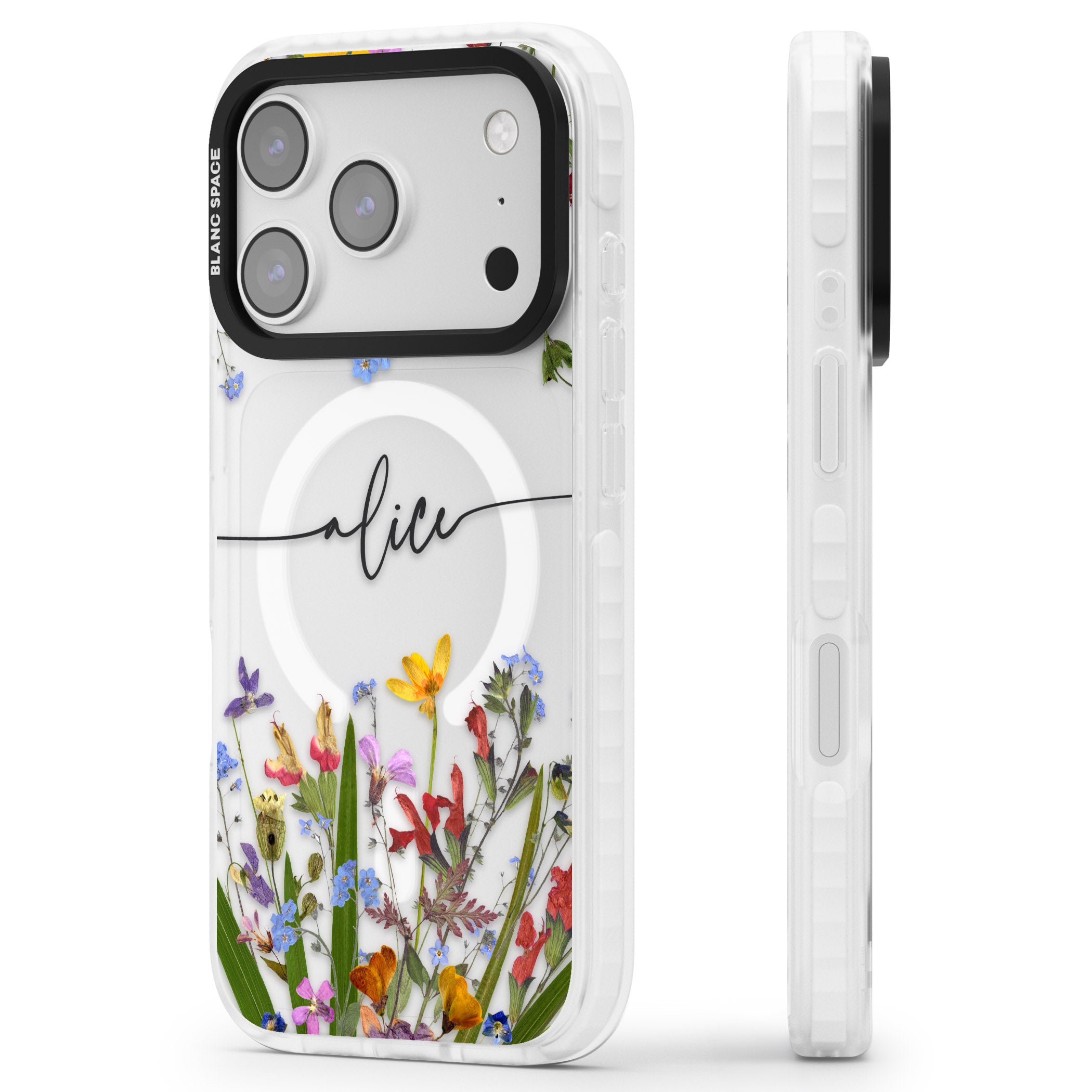 Personalised Wildflower Floral iPhone 17 Pro Impact Pro Clear Phone Case Side Profile