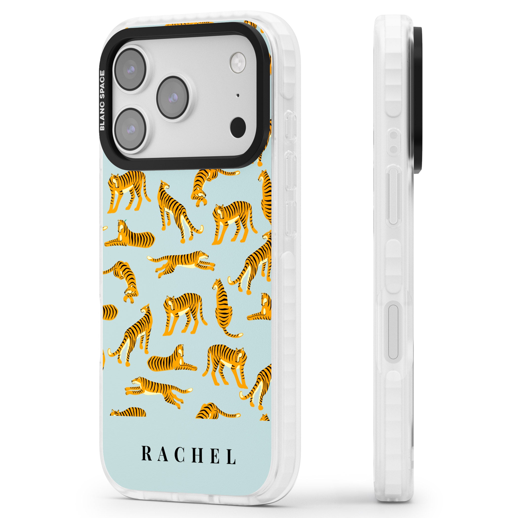 Personalised Turquoise Tiger Pattern iPhone 17 Pro Impact Pro Clear Phone Case Side Profile