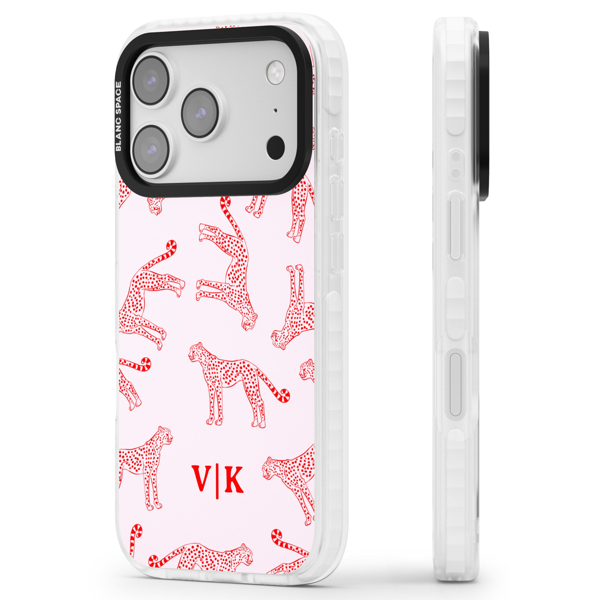 Personalised Red & Pink Cheetah iPhone 17 Pro Impact Pro Clear Phone Case Side Profile