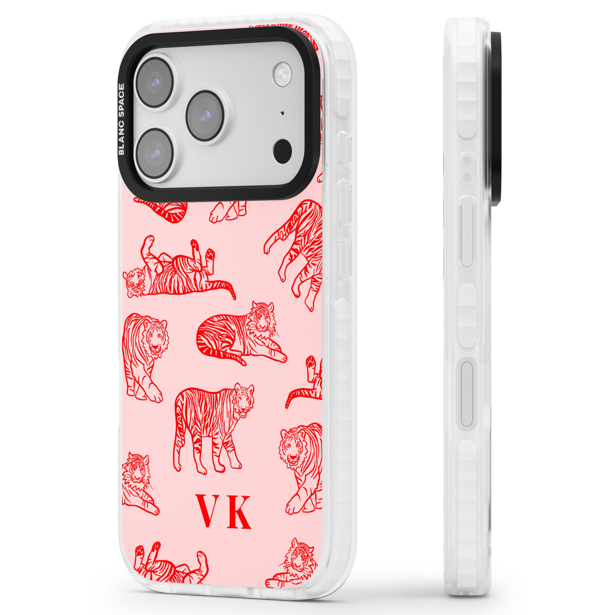 Personalised Red Tiger Outlines On Pink iPhone 17 Pro Impact Pro Clear Phone Case Side Profile