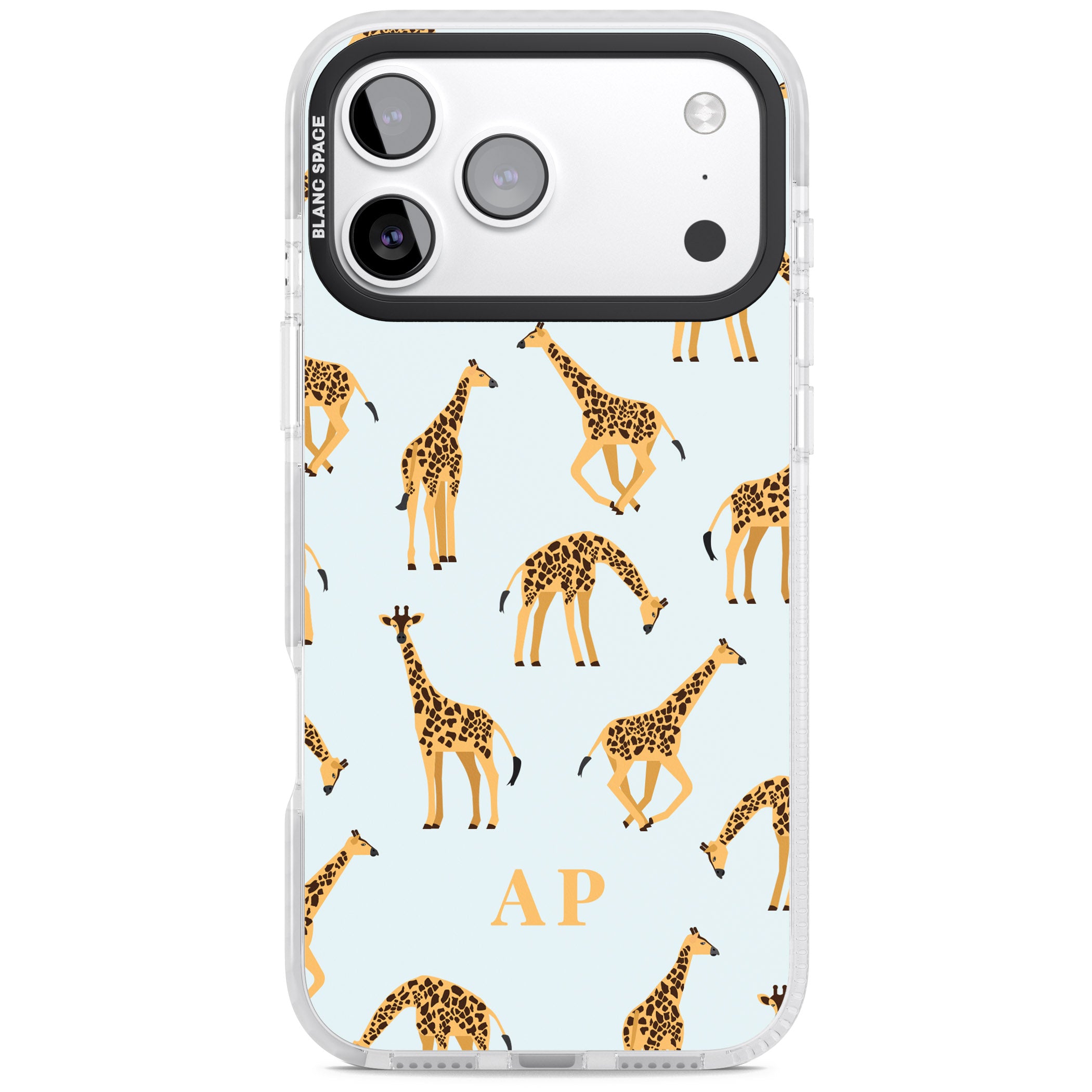 Personalised Safari Giraffe Pattern On Blue iPhone 17 Pro Impact Pro Clear Phone Case