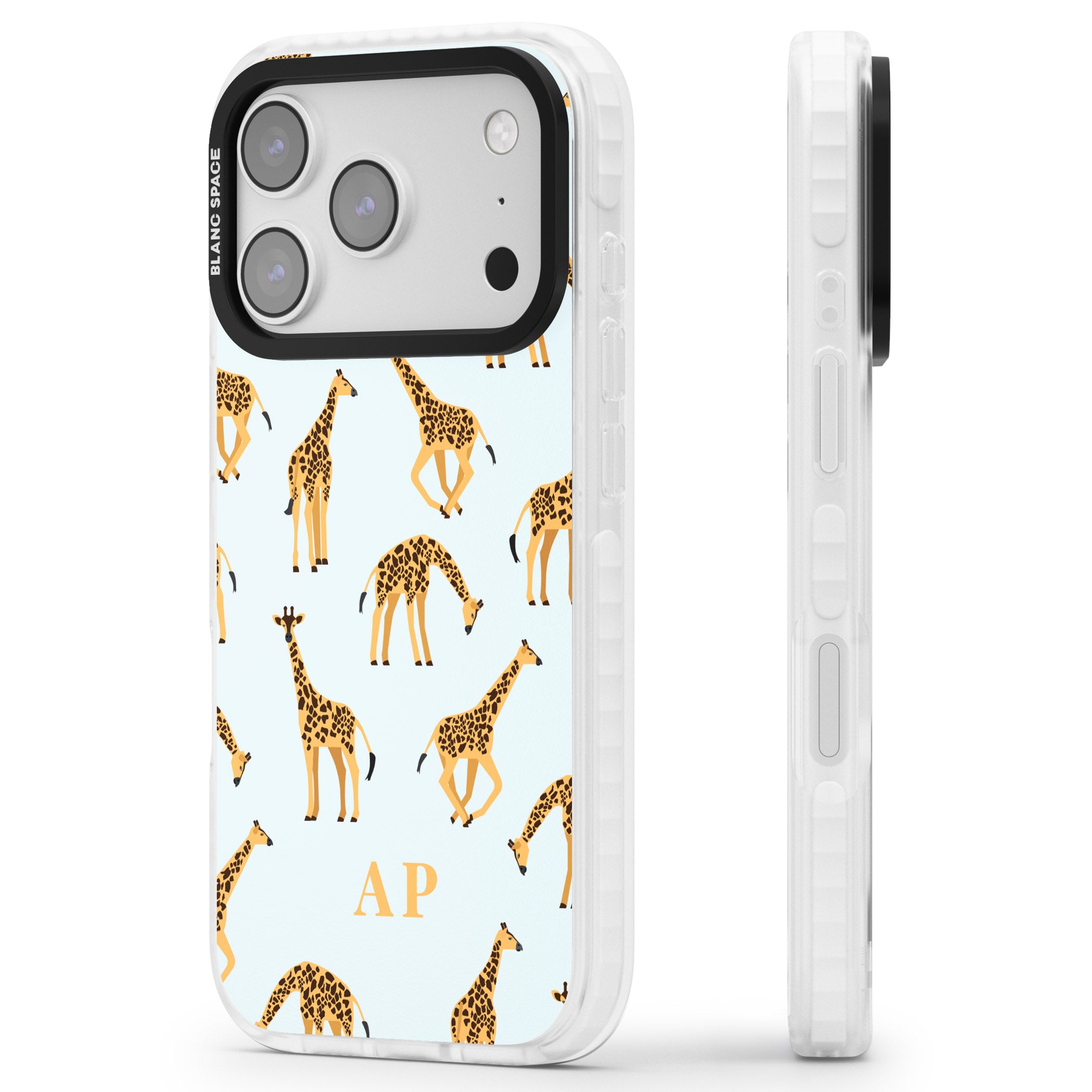 Personalised Safari Giraffe Pattern On Blue iPhone 17 Pro Impact Pro Clear Phone Case Side Profile