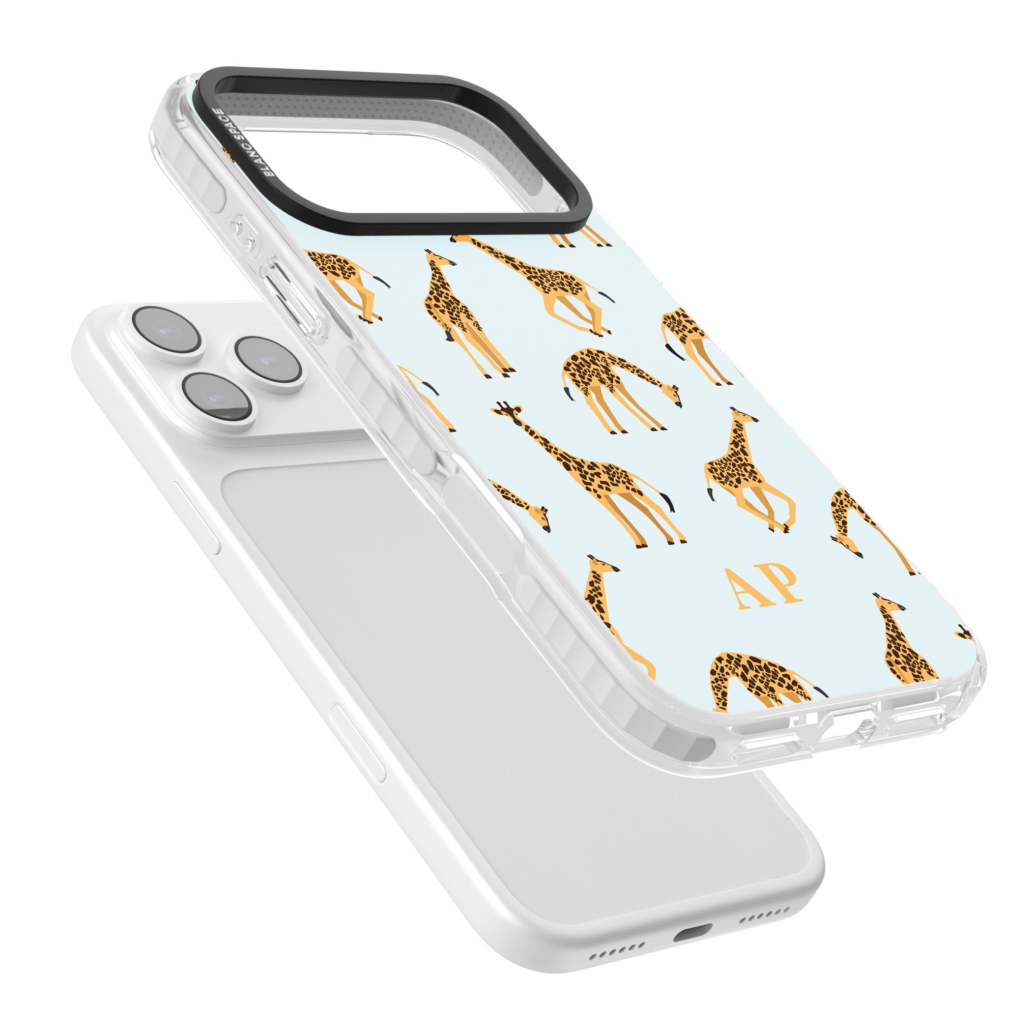 Personalised Safari Giraffe Pattern On Blue iPhone 17 Pro Impact Pro Clear Phone Case Colours