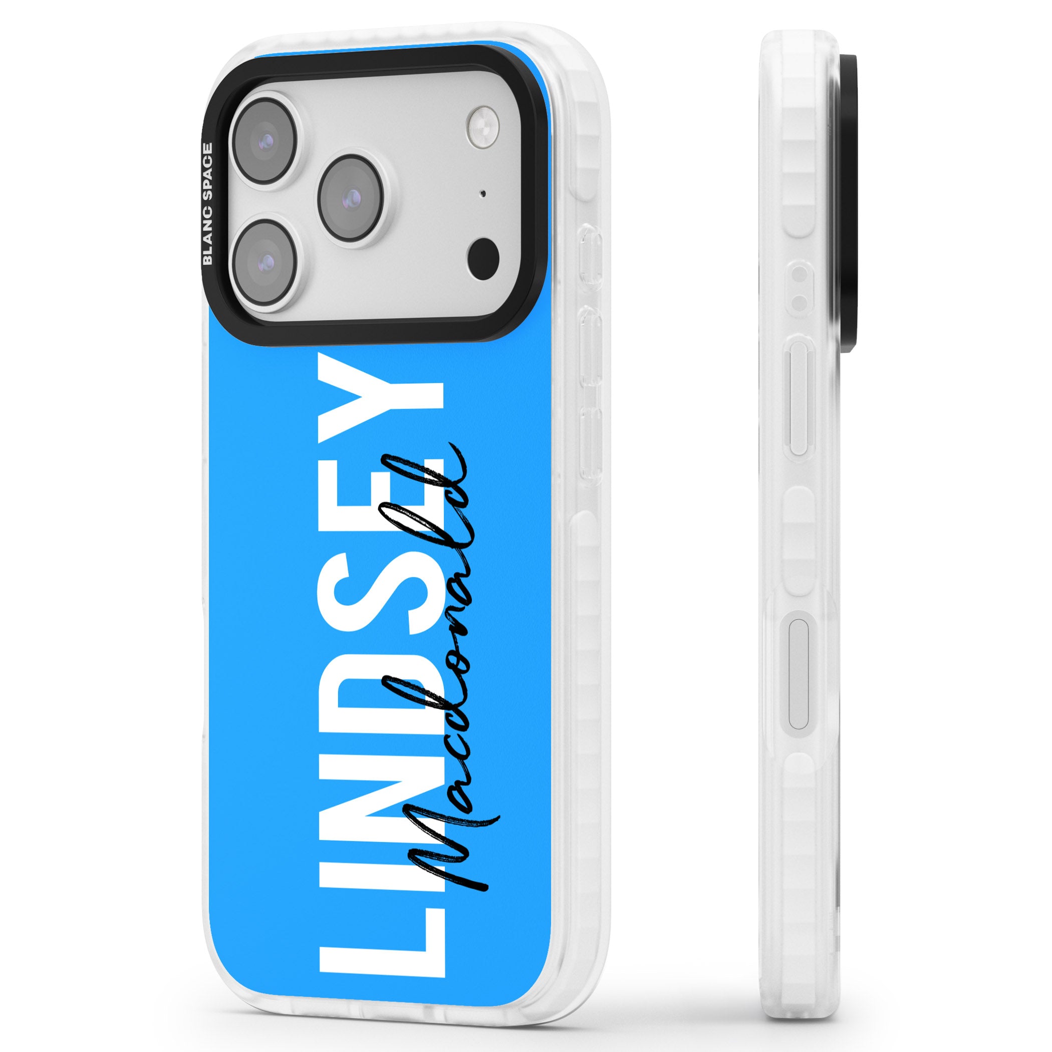 Personalised Bold Name: Blue iPhone 17 Pro Impact Pro Clear Phone Case Side Profile