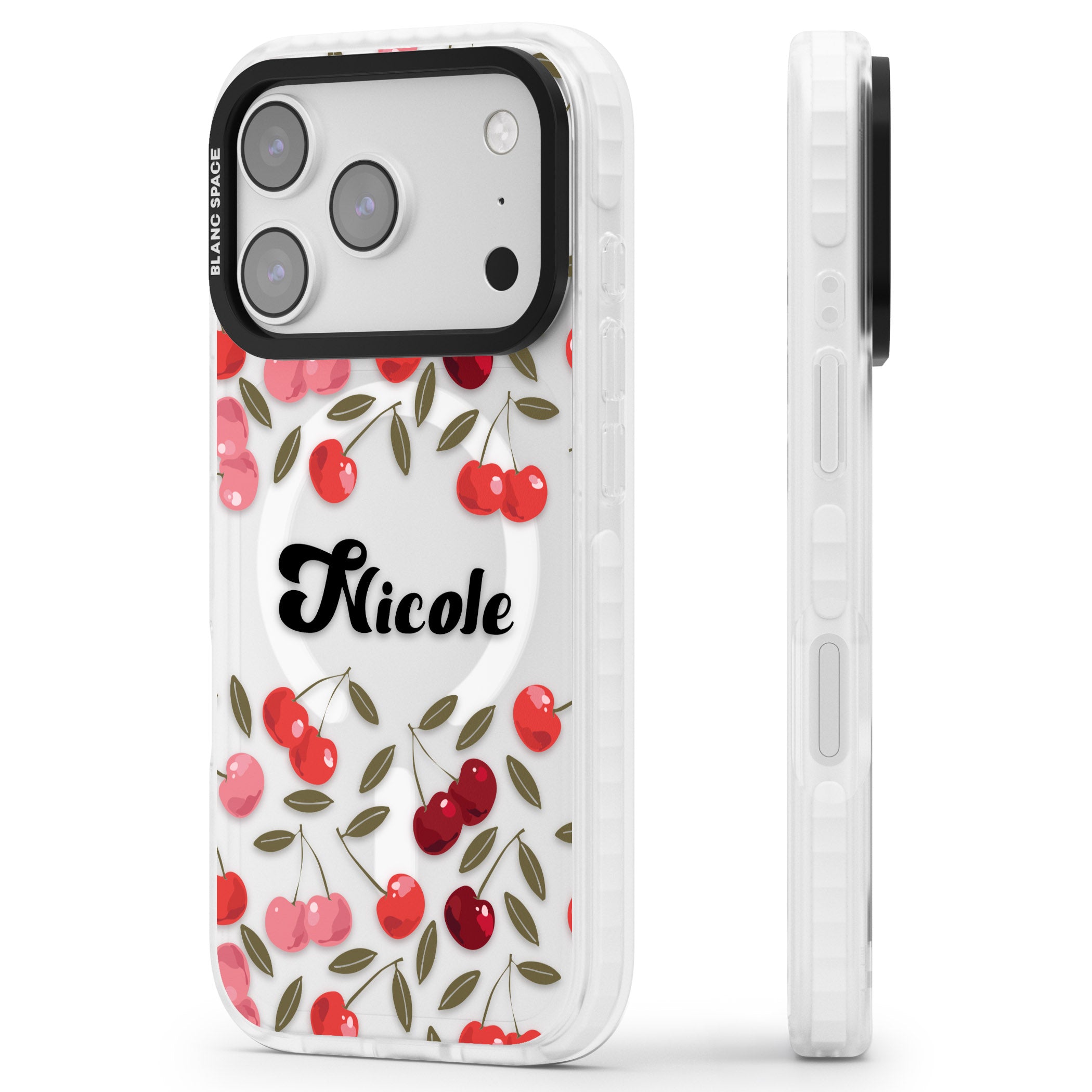 Personalised Cherry Pattern iPhone 17 Pro Impact Pro Clear Phone Case Side Profile