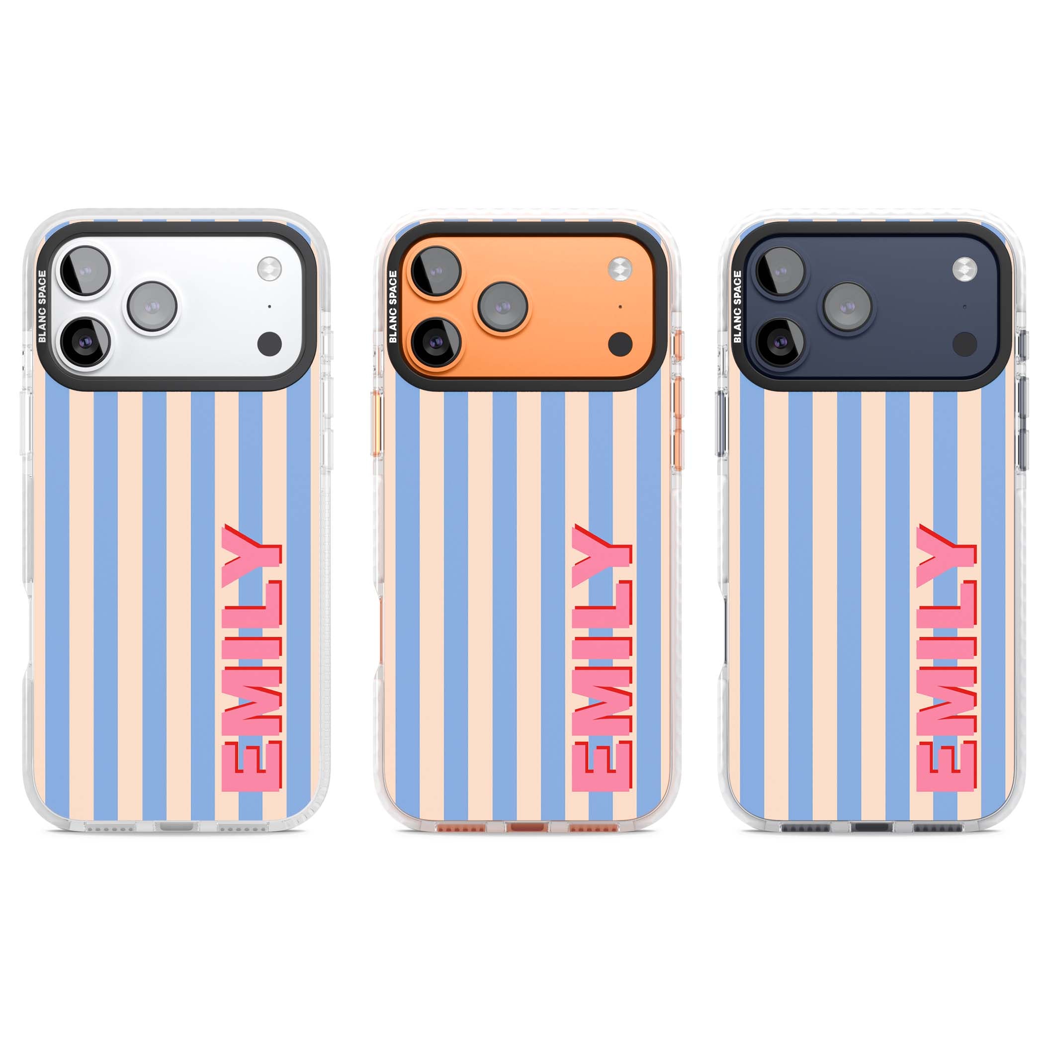 Coastal Stripe personalised coastal iPhone case with blue and peach vertical stripes and custom pink name | Impact Magsafe case for iPhone 17 Pro, iPhone 17 Pro Max