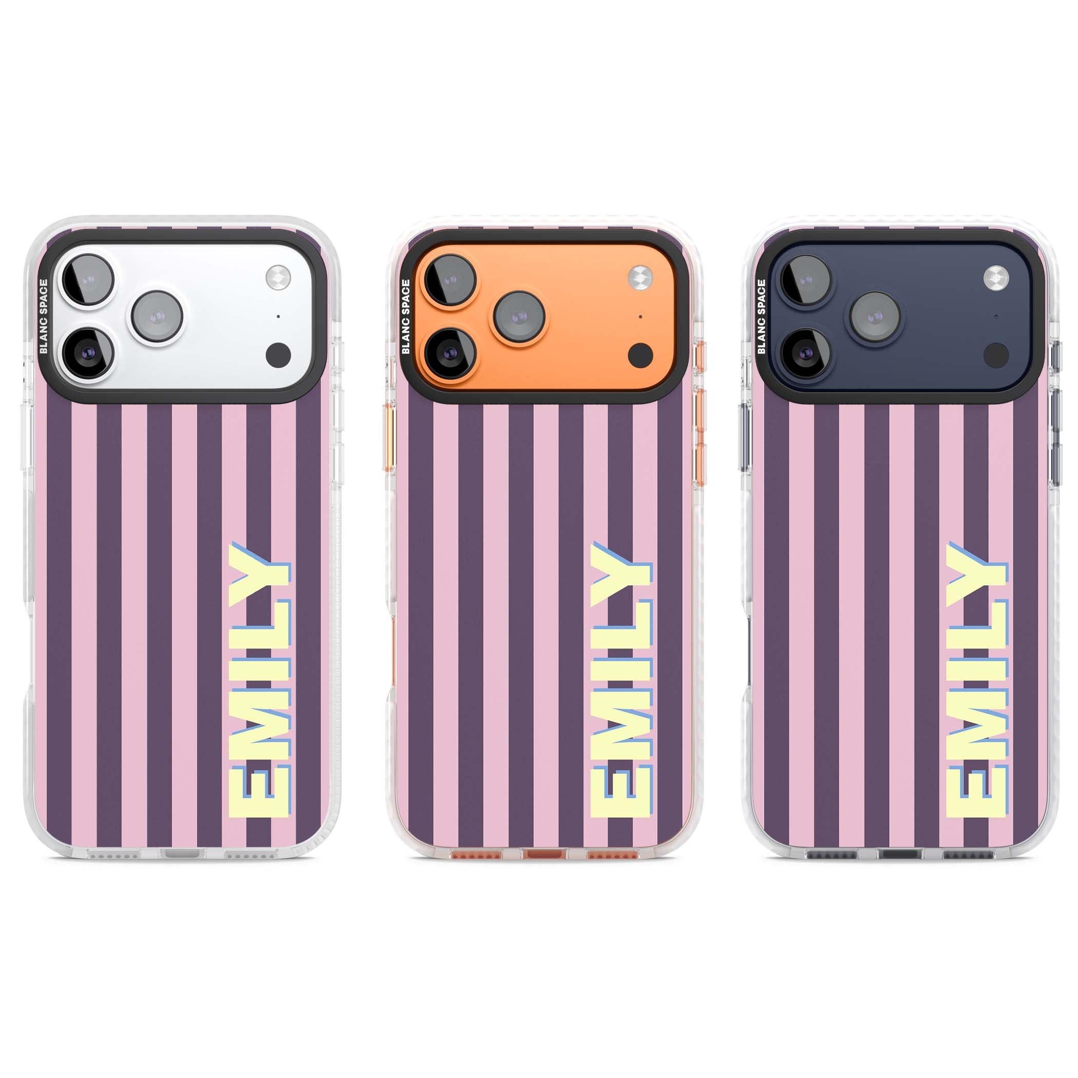 Tyre Stripe personalised stripe iPhone case with plum and pink vertical stripes and custom yellow name | Impact Magsafe case for iPhone 17 Pro, iPhone 17 Pro Max