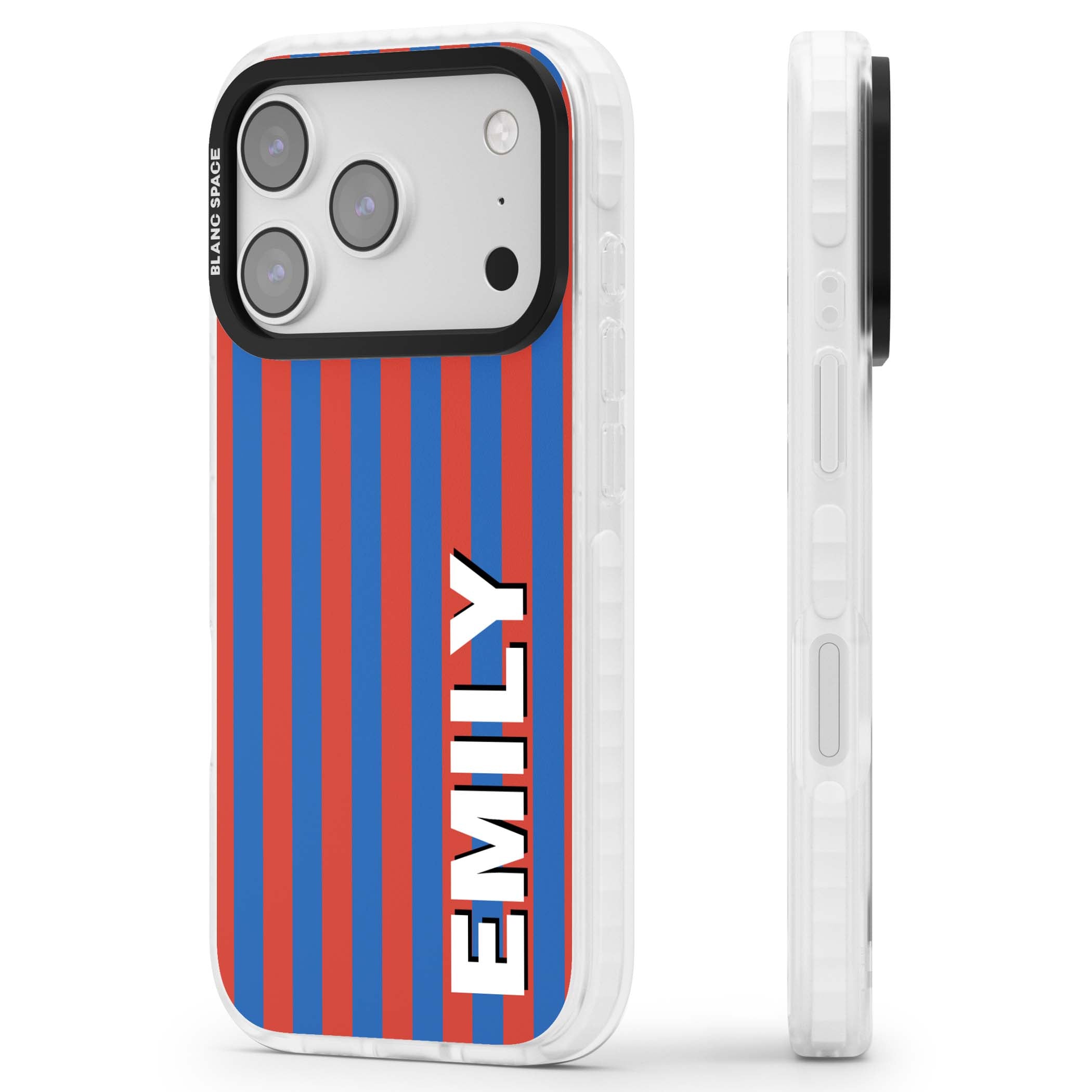 Cuban Stripe personalised iPhone case featuring red and blue vertical stripes with custom name in bold white letters | Impact Magsafe case for iPhone 17 Pro, iPhone 17 Pro Max