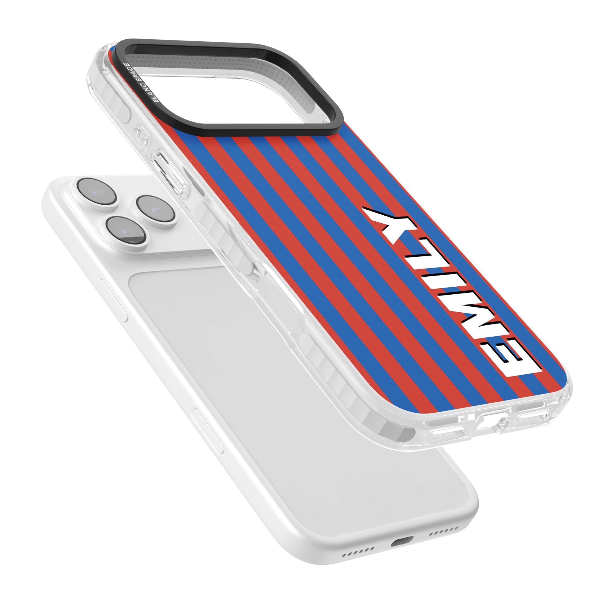 Cuban Stripe personalised iPhone case featuring red and blue vertical stripes with custom name in bold white letters | Impact Magsafe case for iPhone 17 Pro, iPhone 17 Pro Max