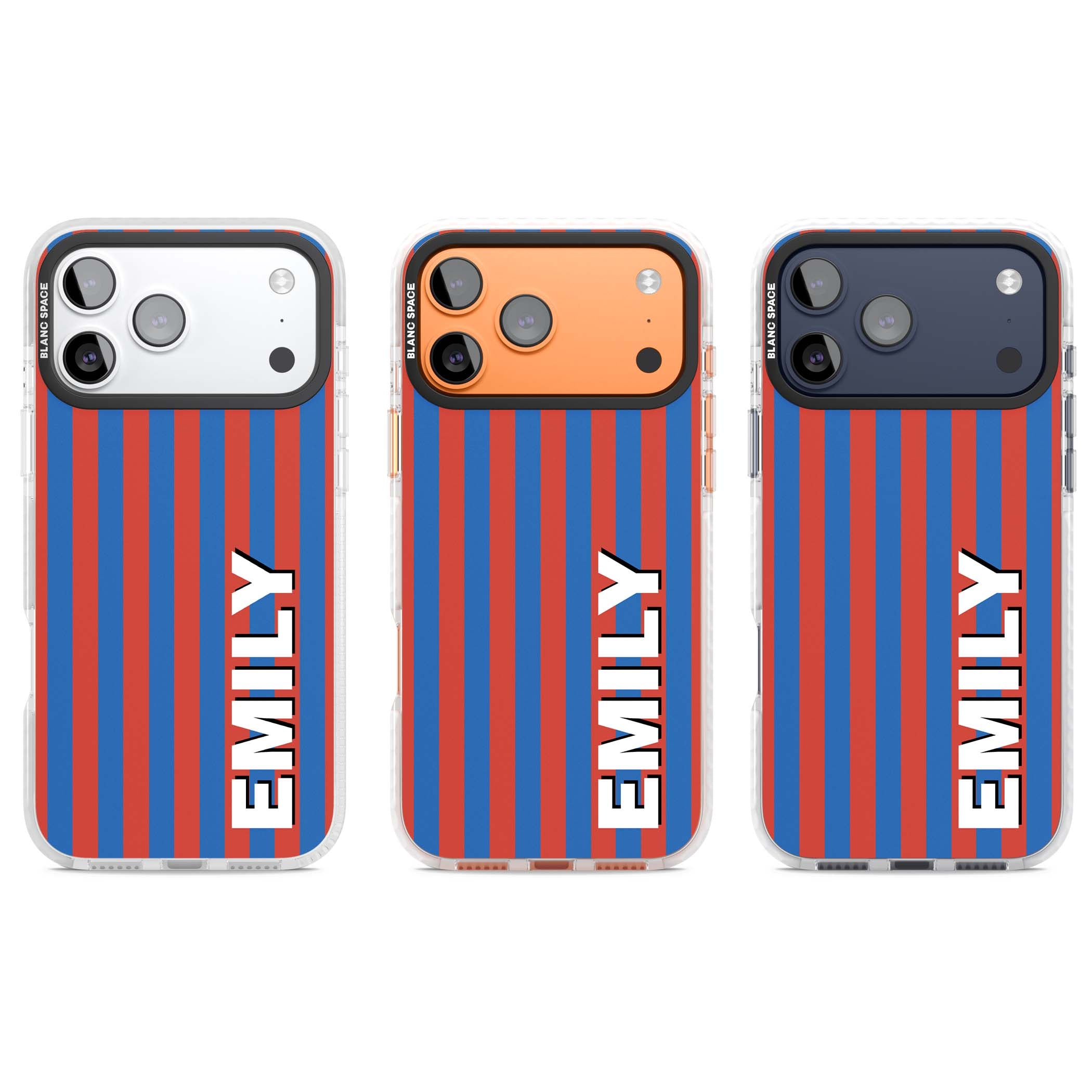 Cuban Stripe personalised iPhone case featuring red and blue vertical stripes with custom name in bold white letters | Impact Magsafe case for iPhone 17 Pro, iPhone 17 Pro Max
