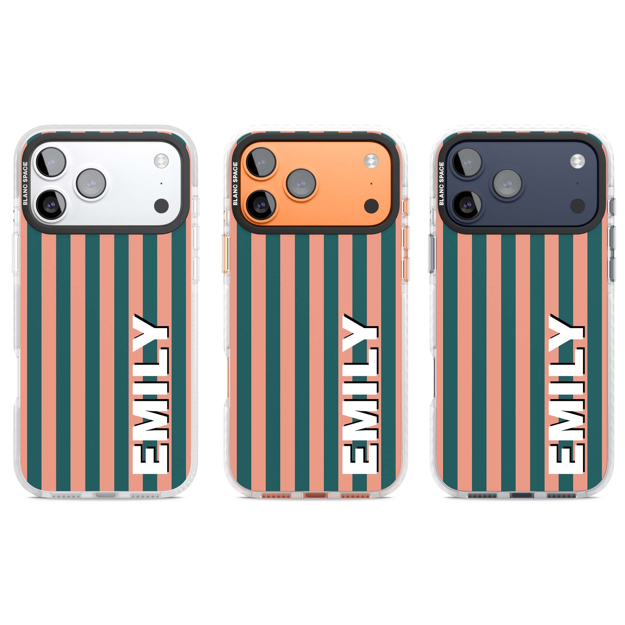 Tuscan Stripe personalised iPhone case featuring coral and green vertical stripes with bold custom name | Impact Magsafe case for iPhone 17 Pro, iPhone 17 Pro Max