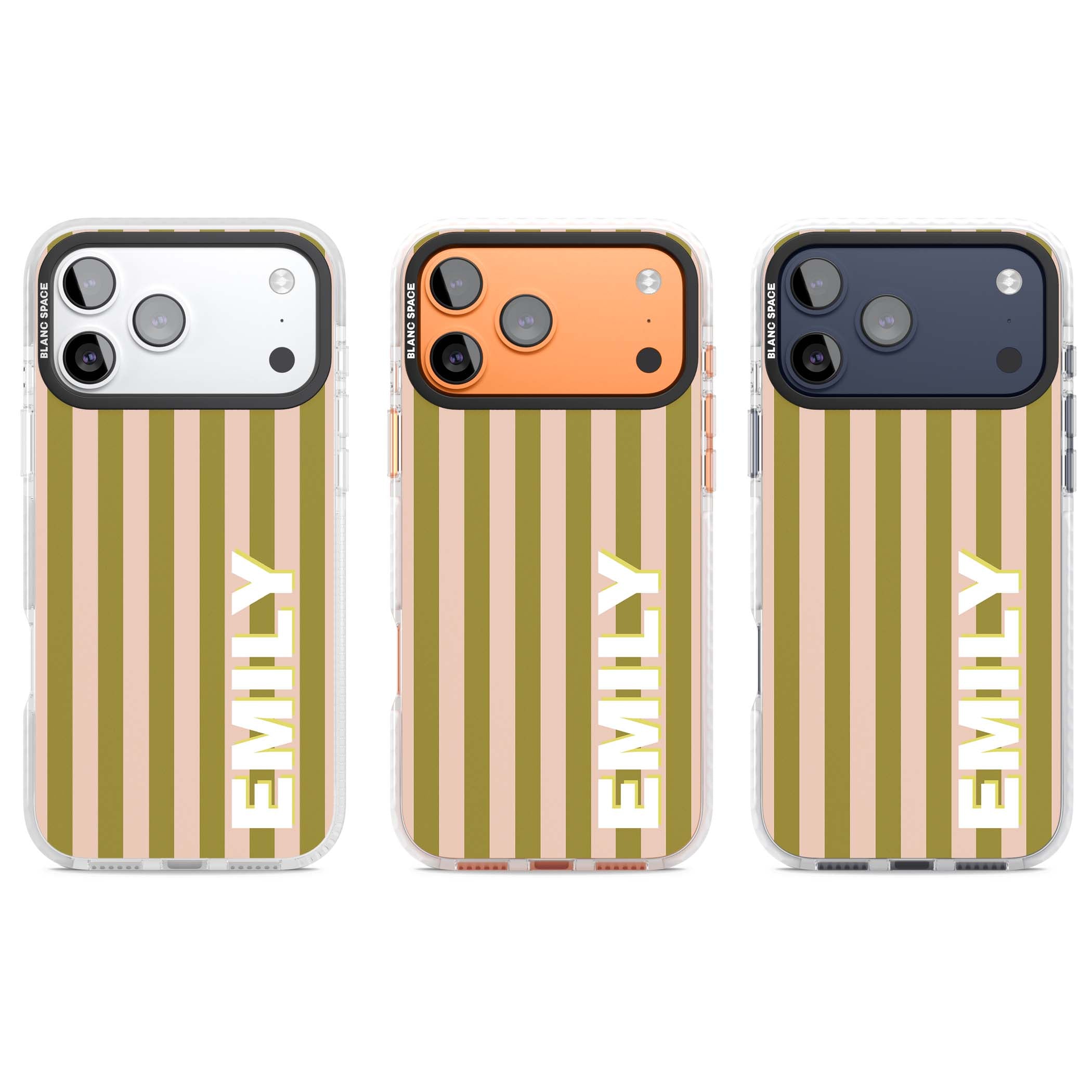 Indian Stripe personalised iPhone case featuring olive green and blush pink vertical stripes with custom name in whit | Impact Magsafe case for iPhone 17 Pro, iPhone 17 Pro Max