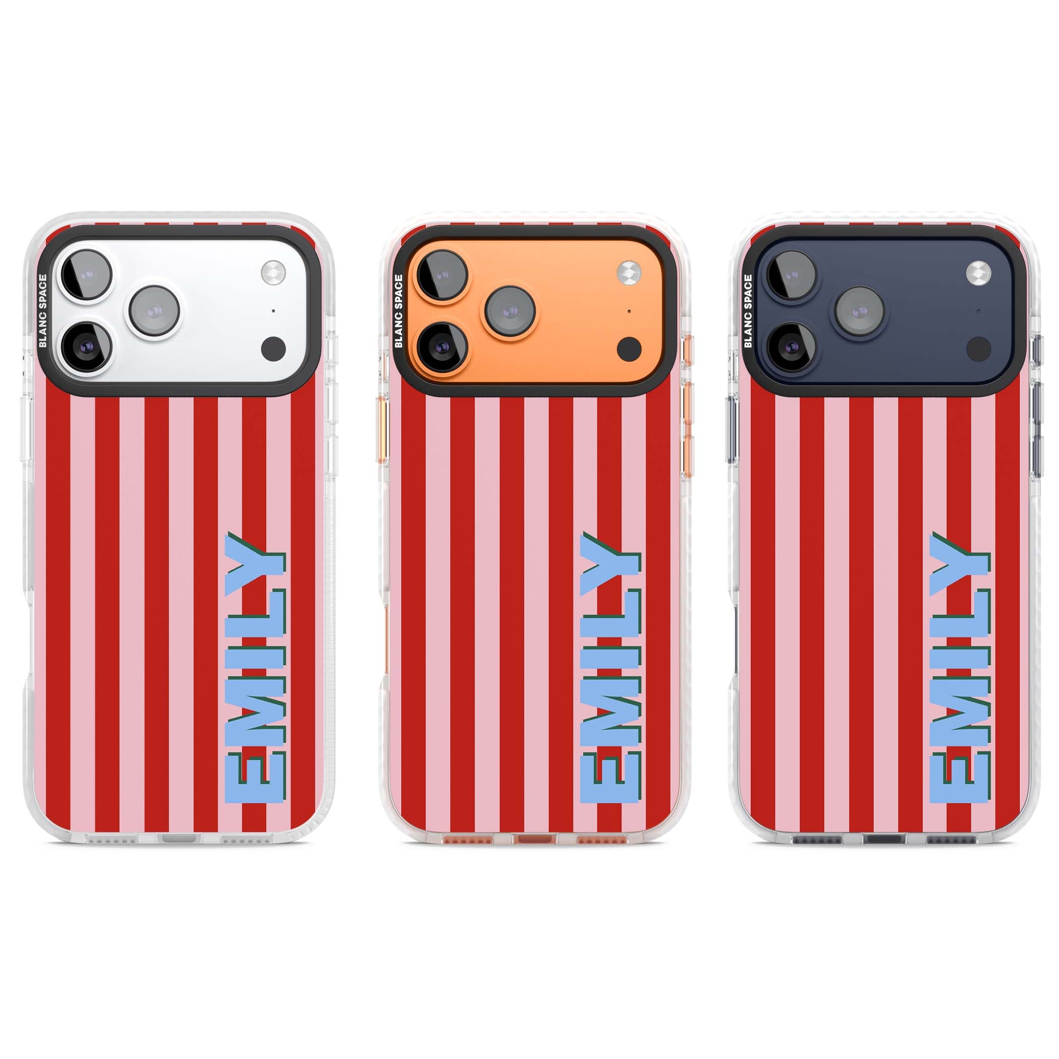 Market Stripe personalised iPhone case with red and pink vertical stripes and custom blue name | Impact Magsafe case for iPhone 17 Pro, iPhone 17 Pro Max