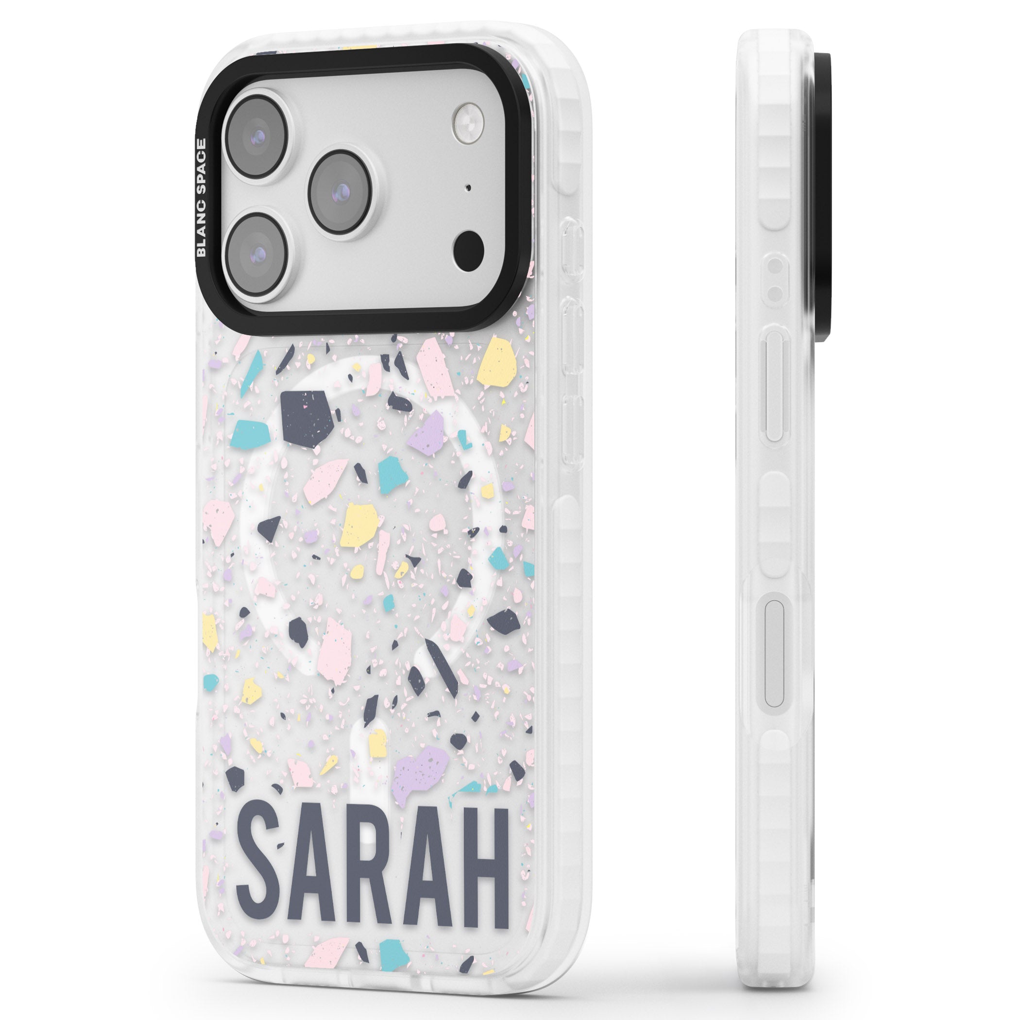Personalised Pastel Terrazzo iPhone 17 Pro Impact Pro Clear Phone Case Side Profile