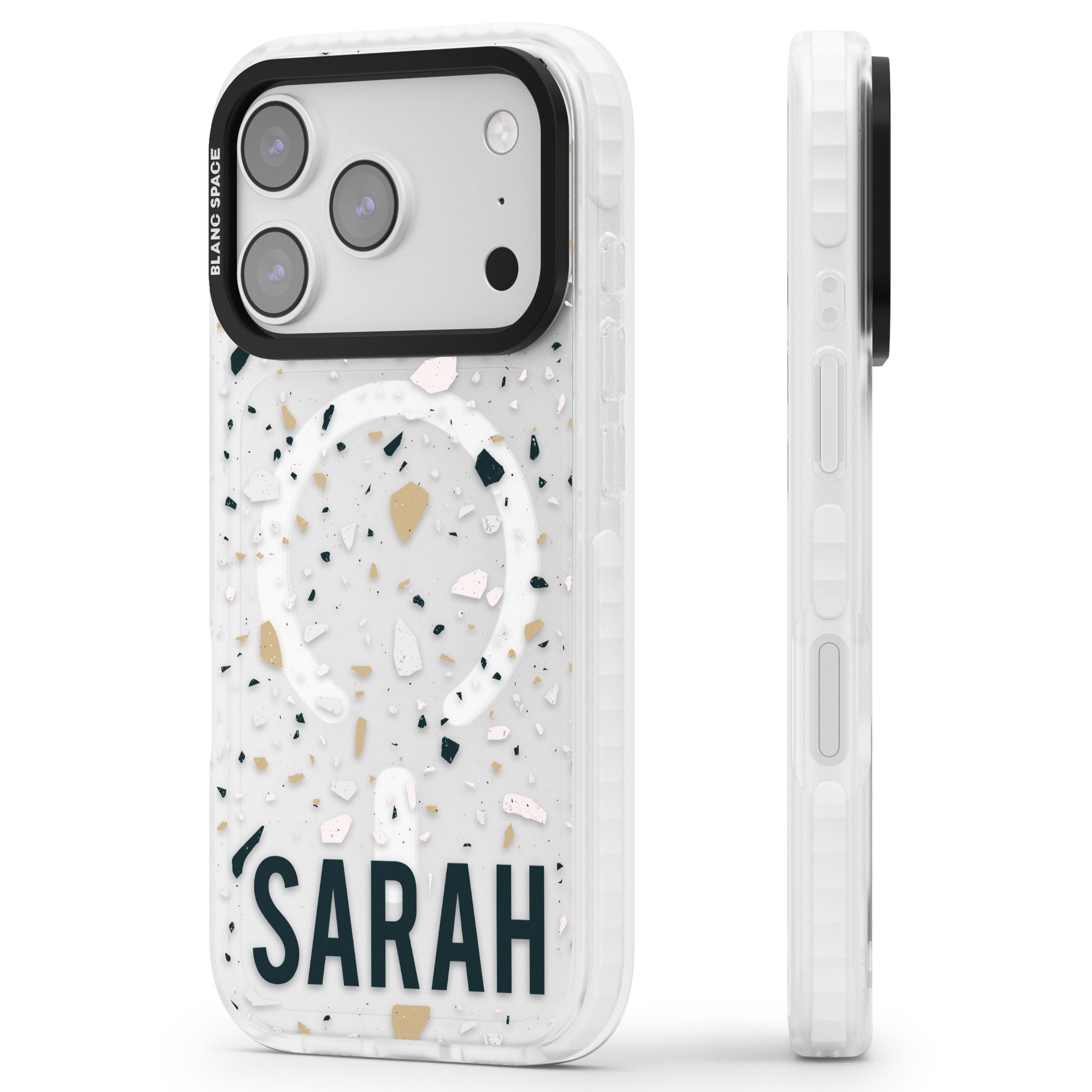 Personalised Terrazzo Blue, Pink, Brown iPhone 17 Pro Impact Pro Clear Phone Case Side Profile