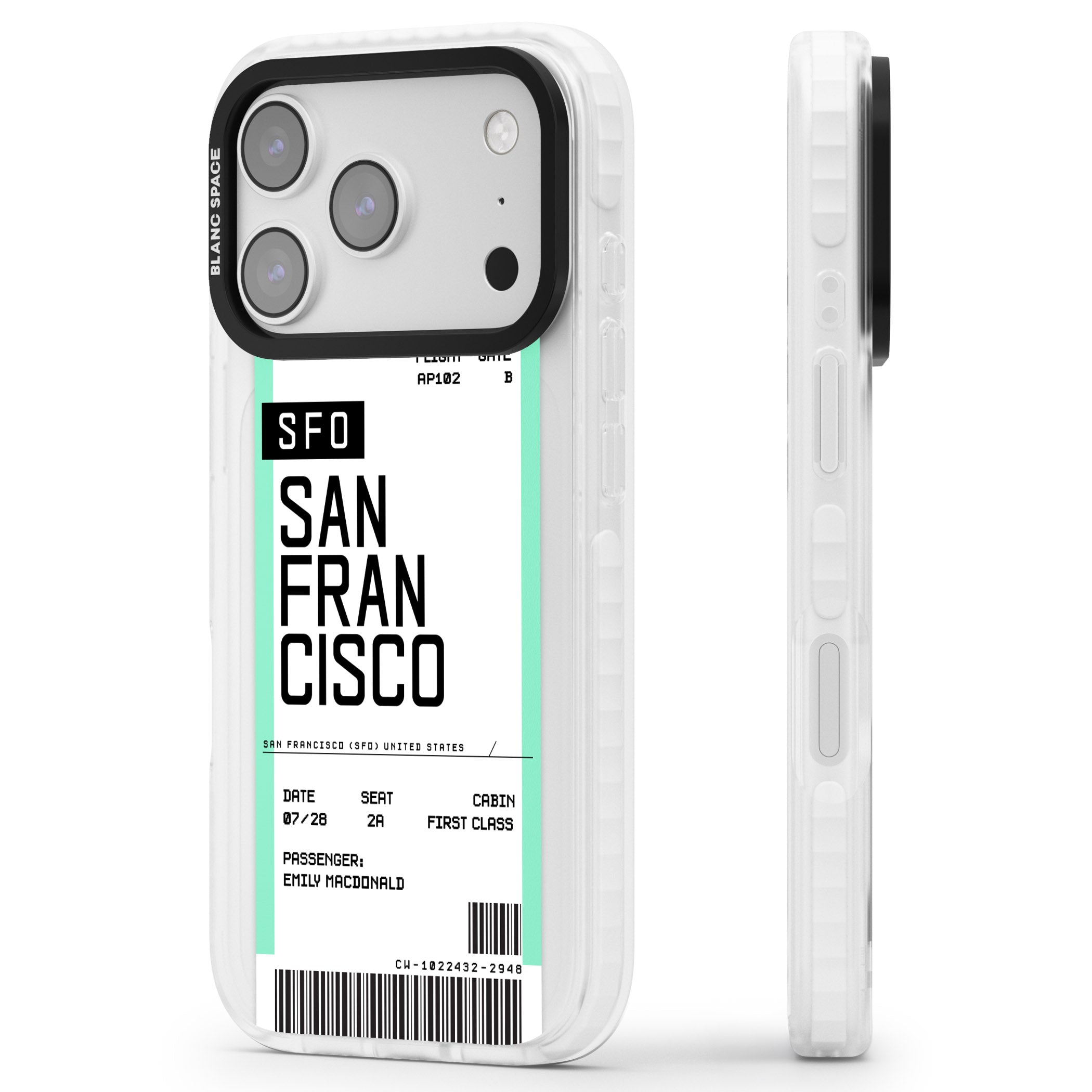 Personalised San Francisco Boarding Pass iPhone 17 Pro Impact Pro Clear Phone Case Side Profile