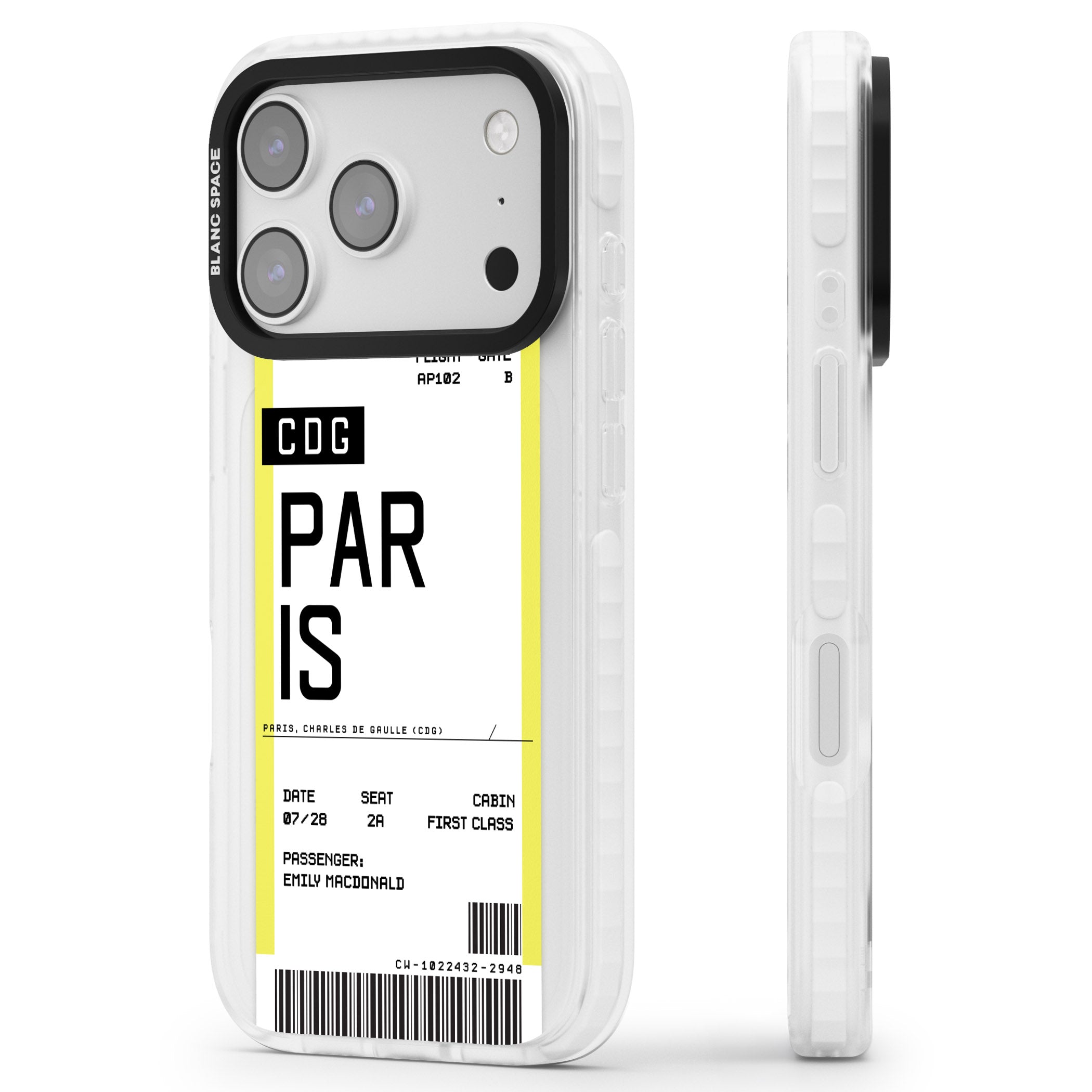 Personalised Paris Boarding Pass iPhone 17 Pro Impact Pro Clear Phone Case Side Profile
