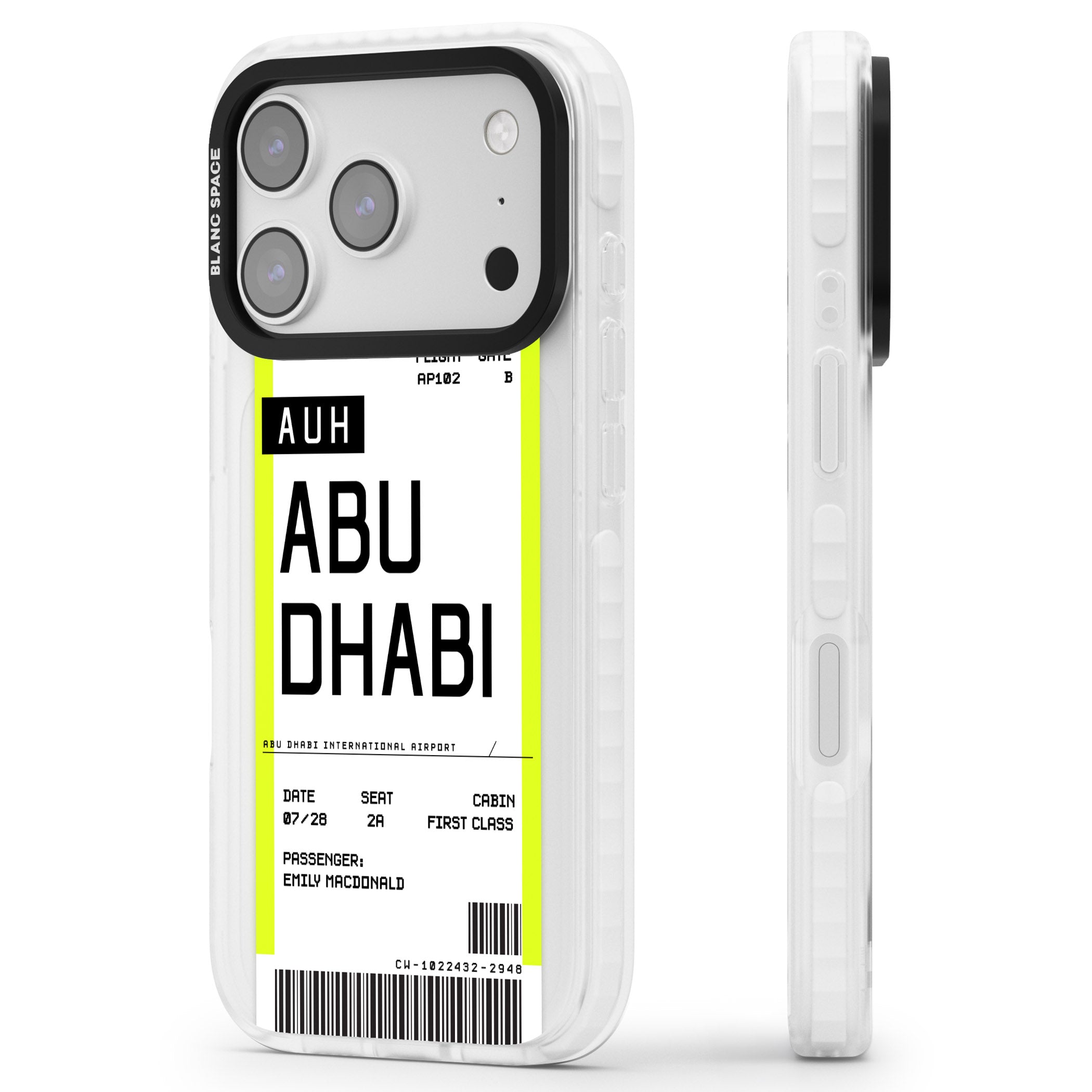 Personalised Abu Dhabi Boarding Pass iPhone 17 Pro Impact Pro Clear Phone Case Side Profile