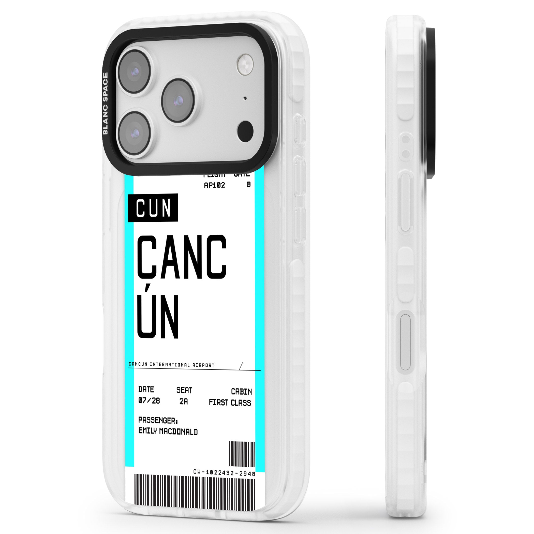 Personalised Cancún Boarding Pass iPhone 17 Pro Impact Pro Clear Phone Case Side Profile