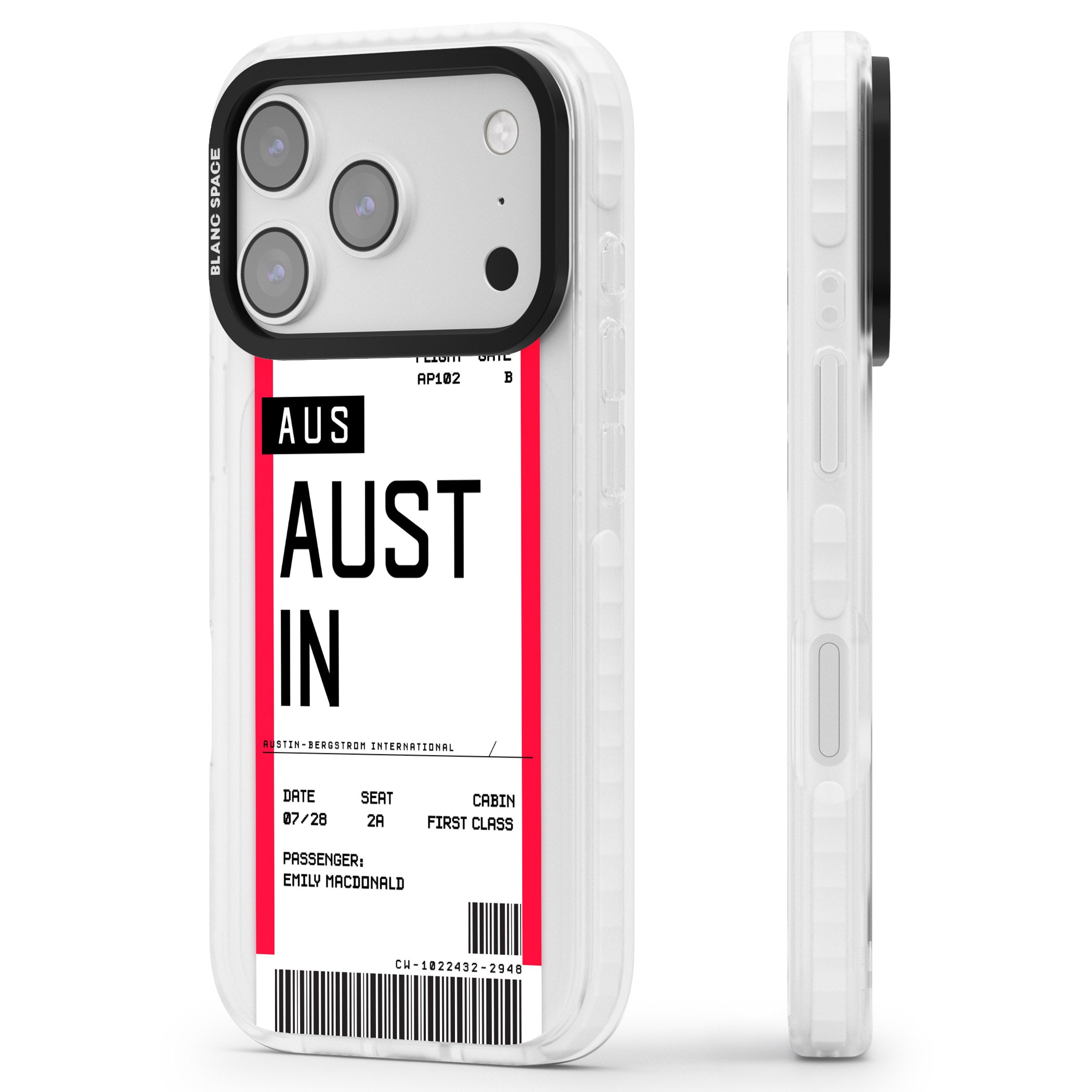 Personalised Austin Boarding Pass iPhone 17 Pro Impact Pro Clear Phone Case Side Profile