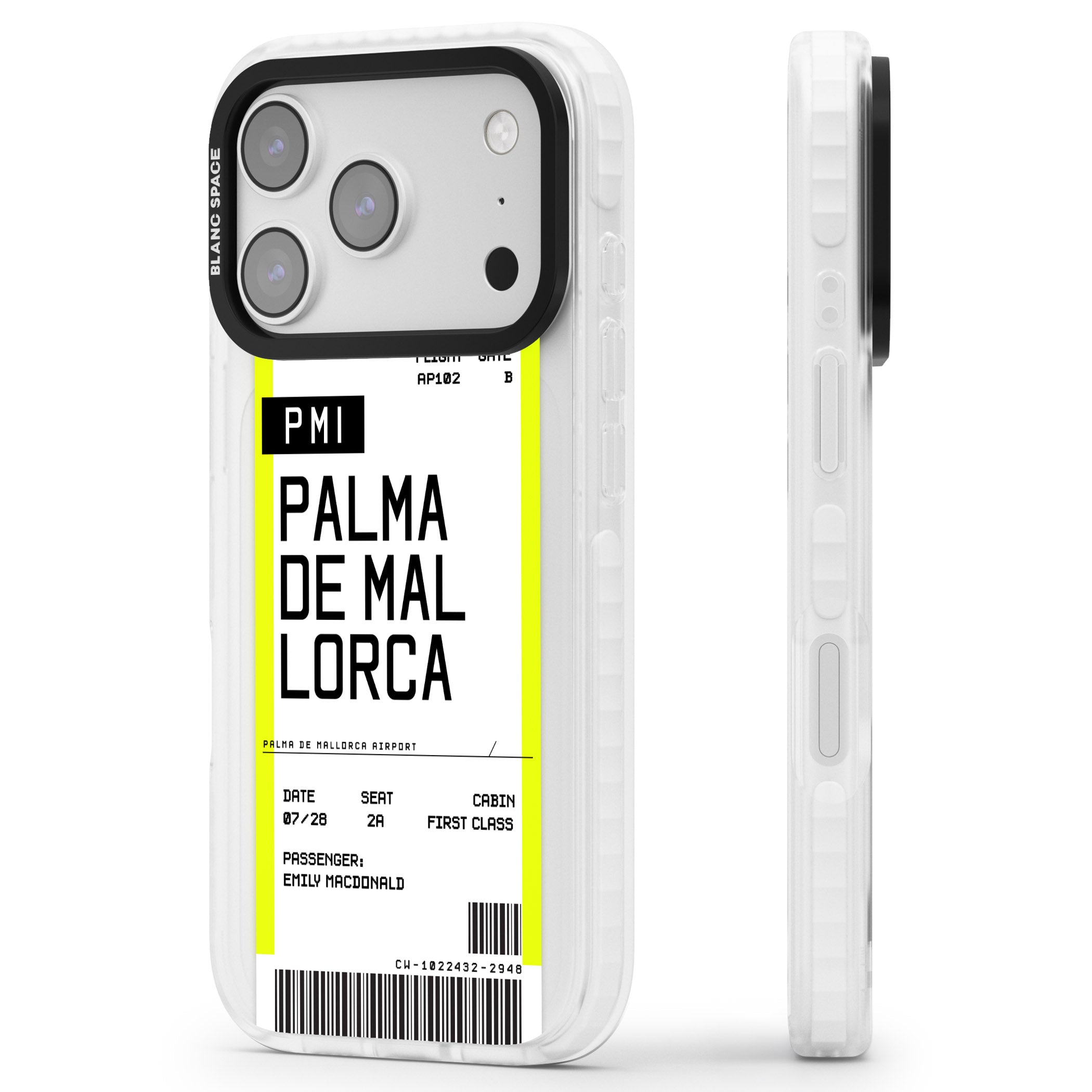 Personalised Palma De Mallorca Boarding Pass iPhone 17 Pro Impact Pro Clear Phone Case Side Profile