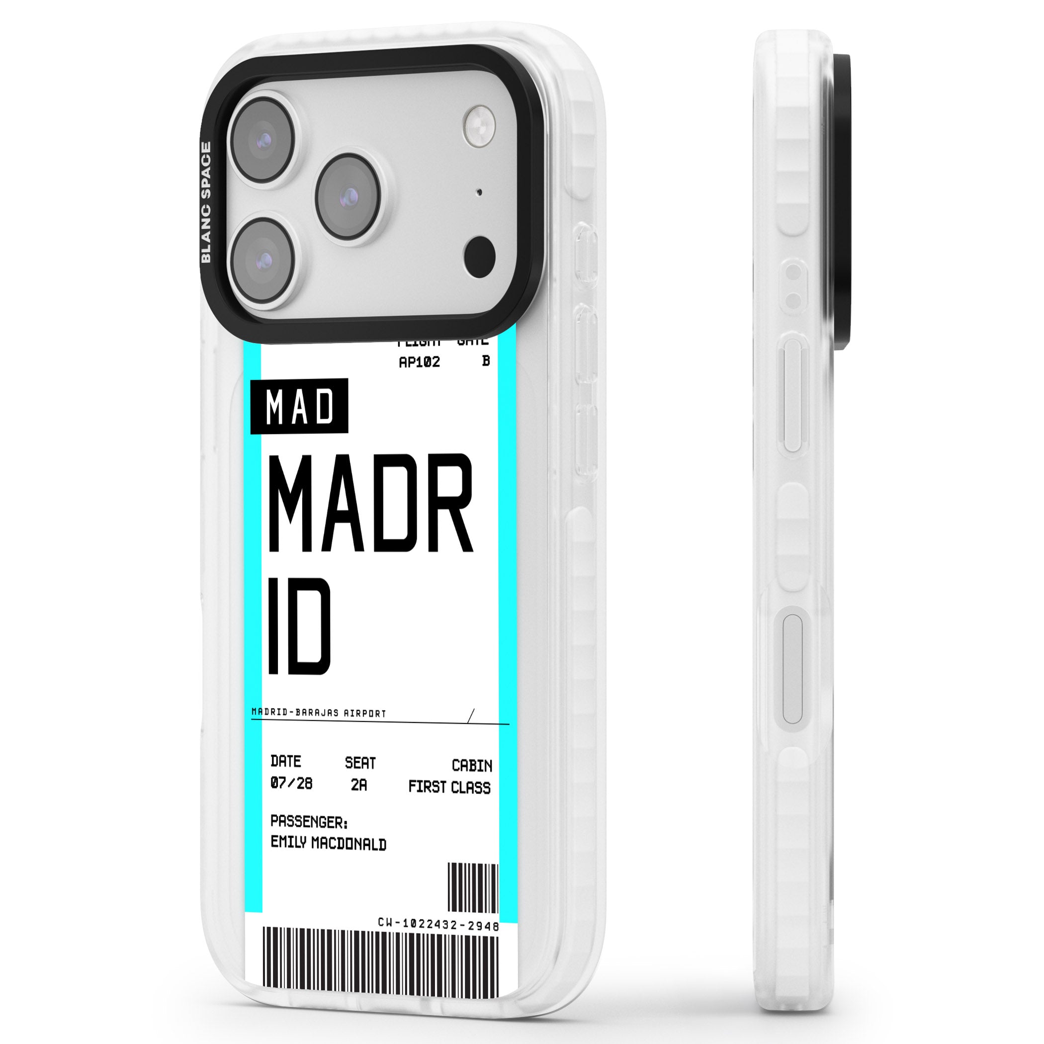 Personalised Madrid Boarding Pass iPhone 17 Pro Impact Pro Clear Phone Case Side Profile