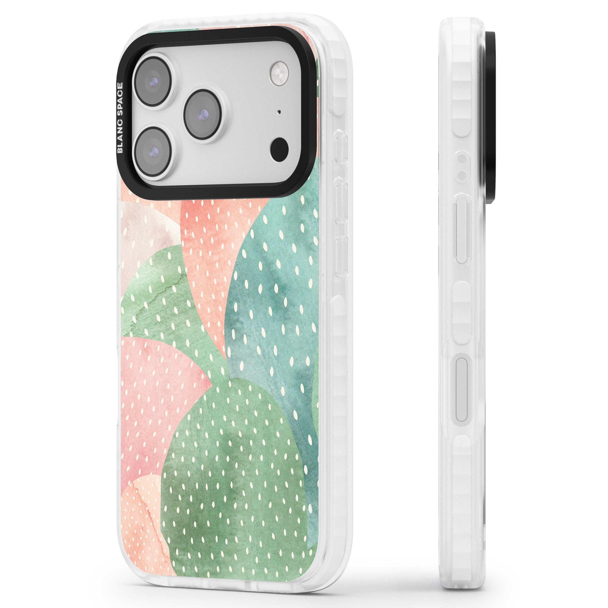 Pastel Cacti Pattern iPhone 17 Pro Impact Pro Clear Phone Case Side Profile